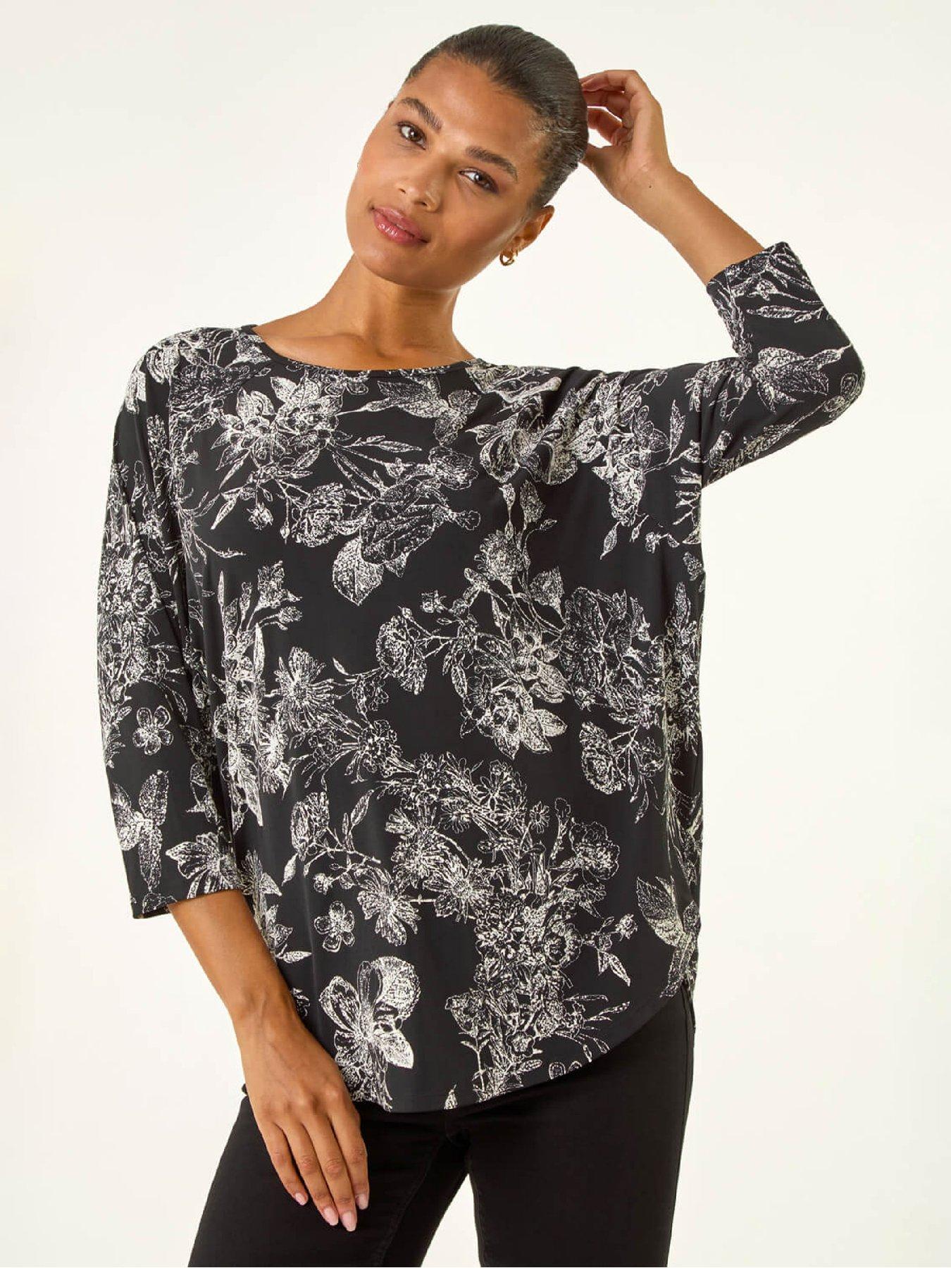 Roman Floral Puff Print Stretch Top - Black