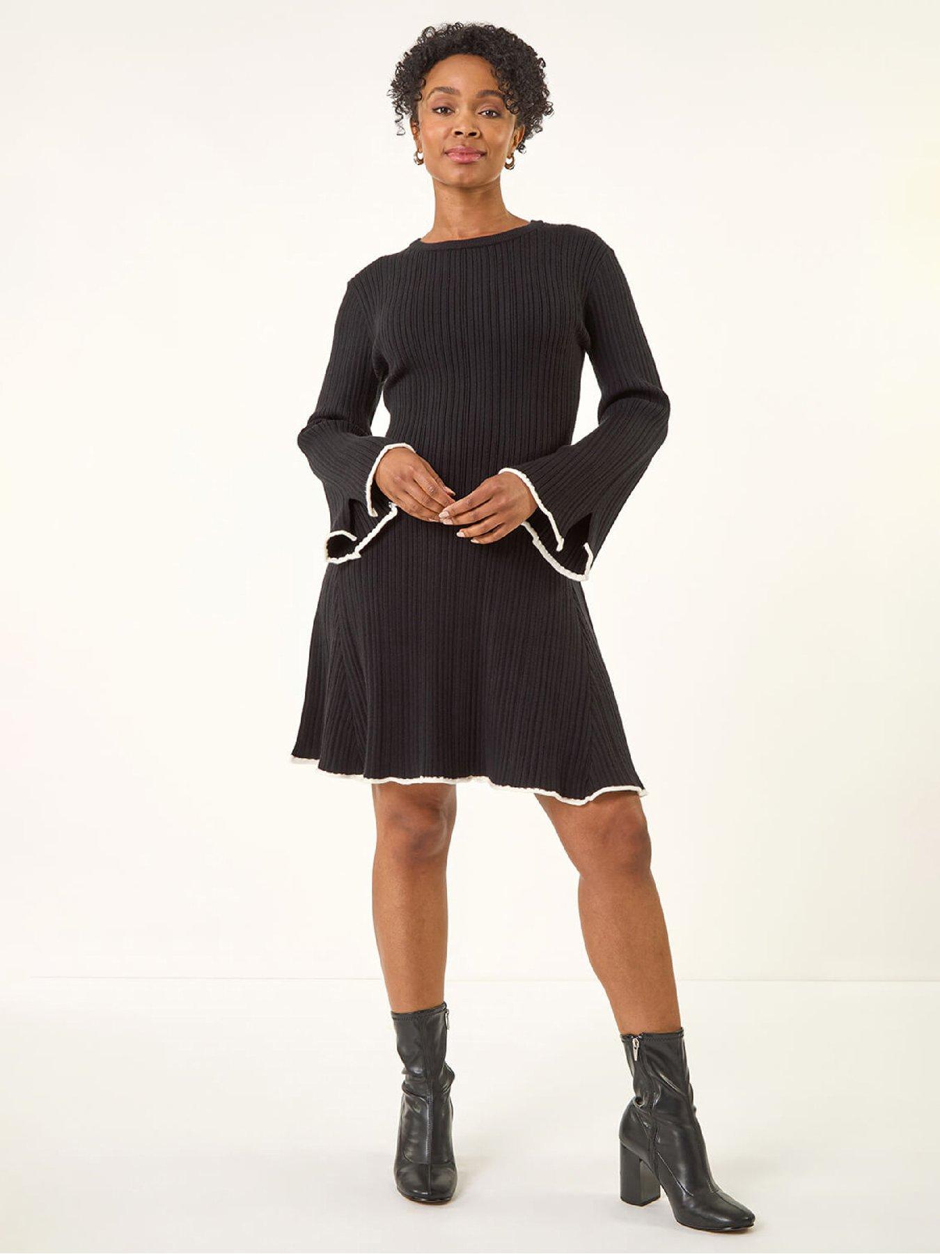 Roman Petite Contrast Trim Knit Dress - Black