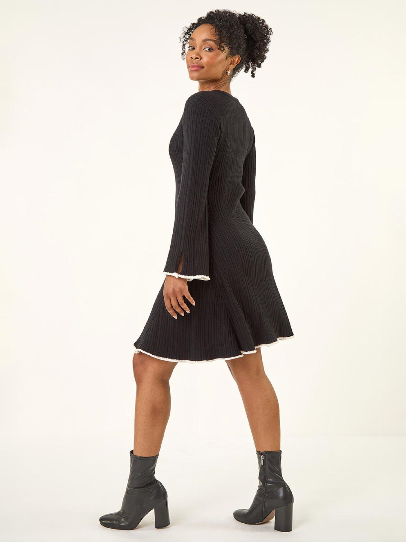  image of roman-petite-contrast-trim-knit-dress-black
