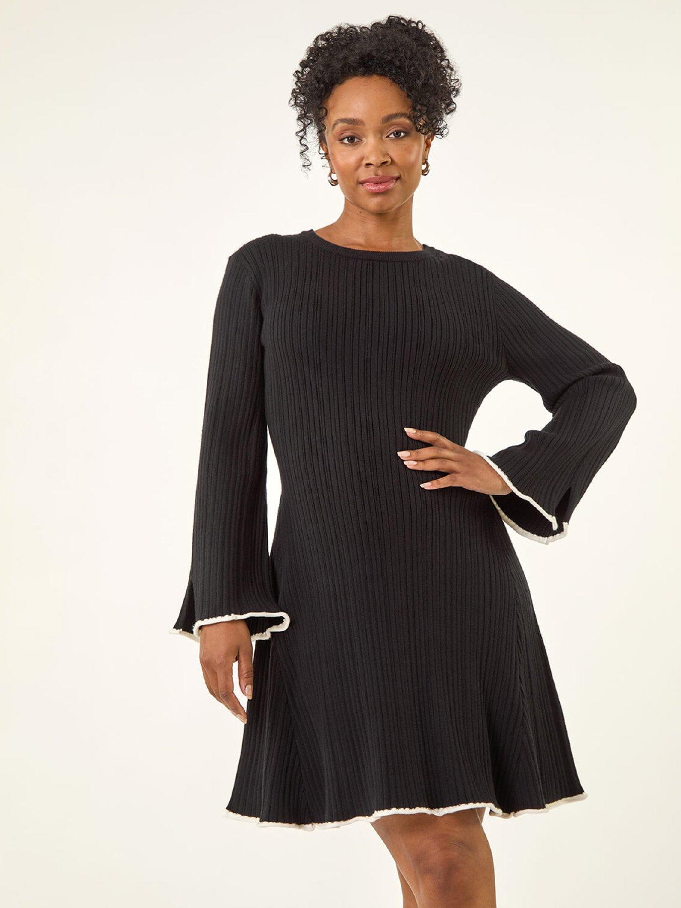  image of roman-petite-contrast-trim-knit-dress-black