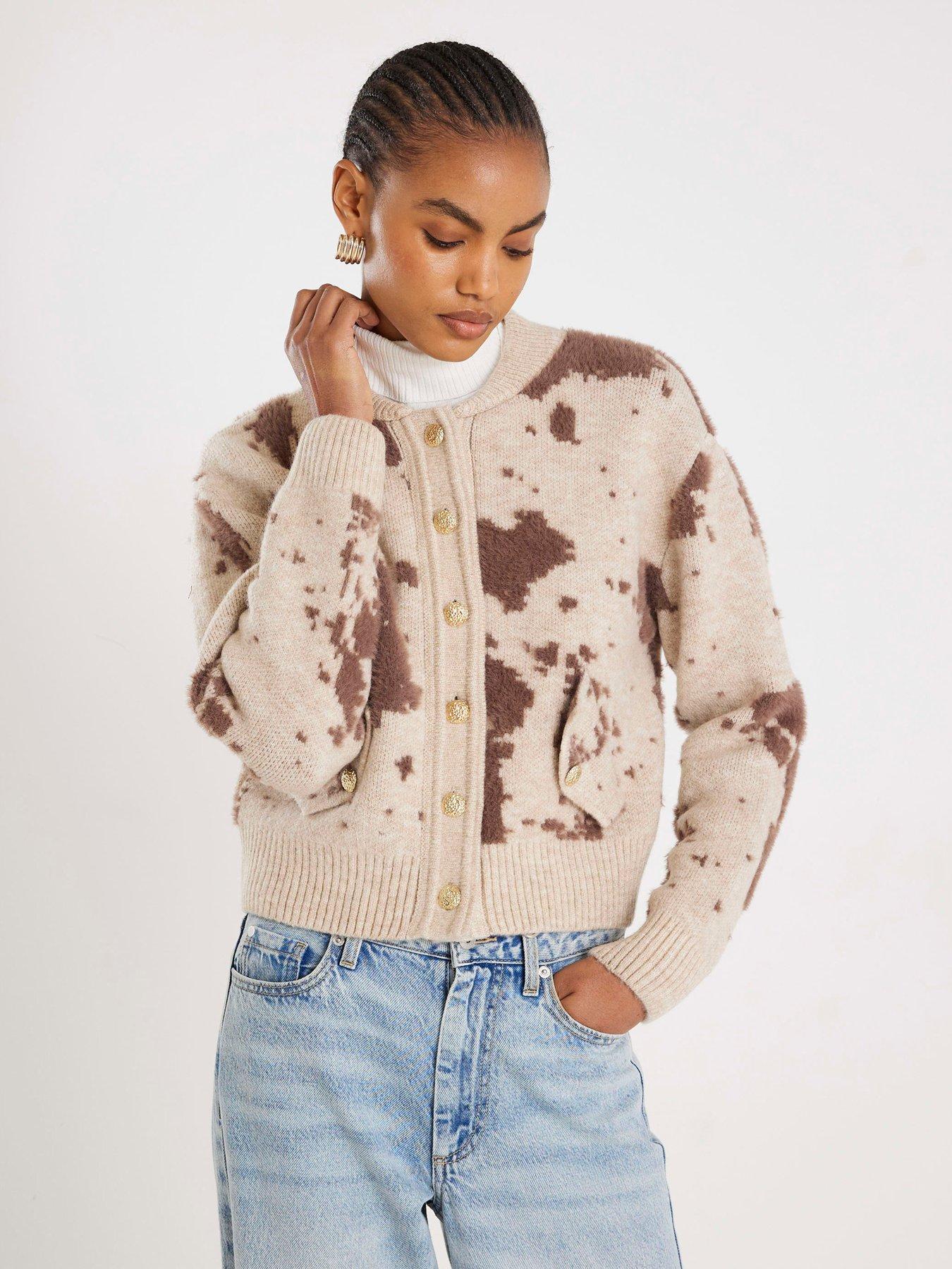 River Island Cow Print Knitted Bomber Cardigan - Cream