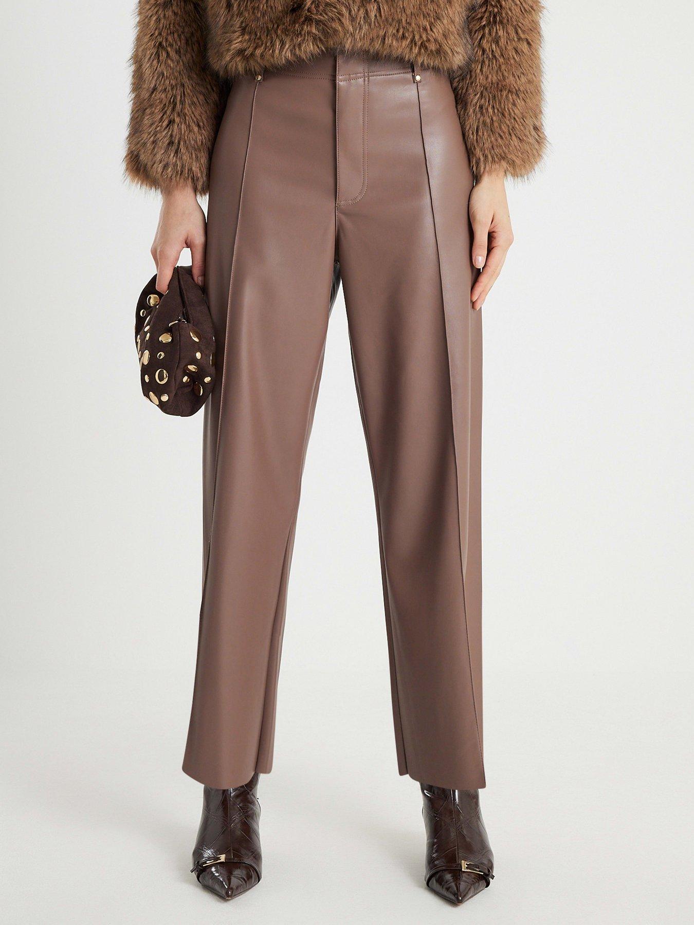 front image of river-island-crop-seam-detail-pu-trouser-brown