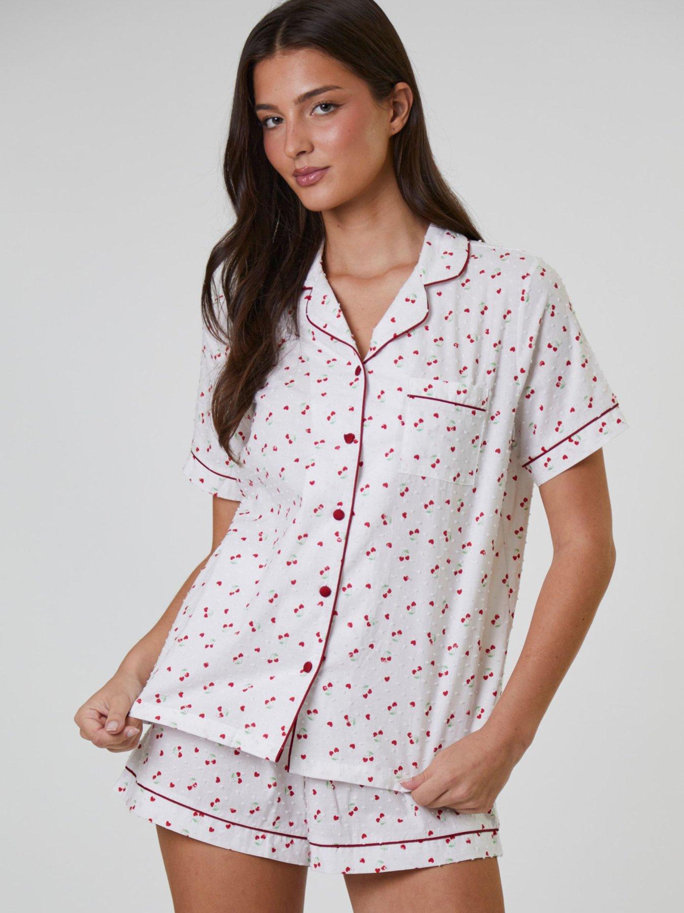  image of loungeable-cherry-printed-dobby-short-sleeve-and-short-set-white