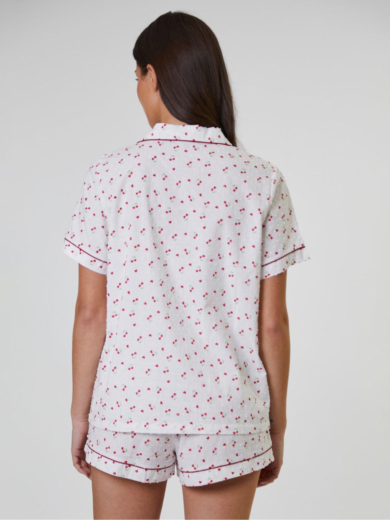  image of loungeable-cherry-printed-dobby-short-sleeve-and-short-set-white