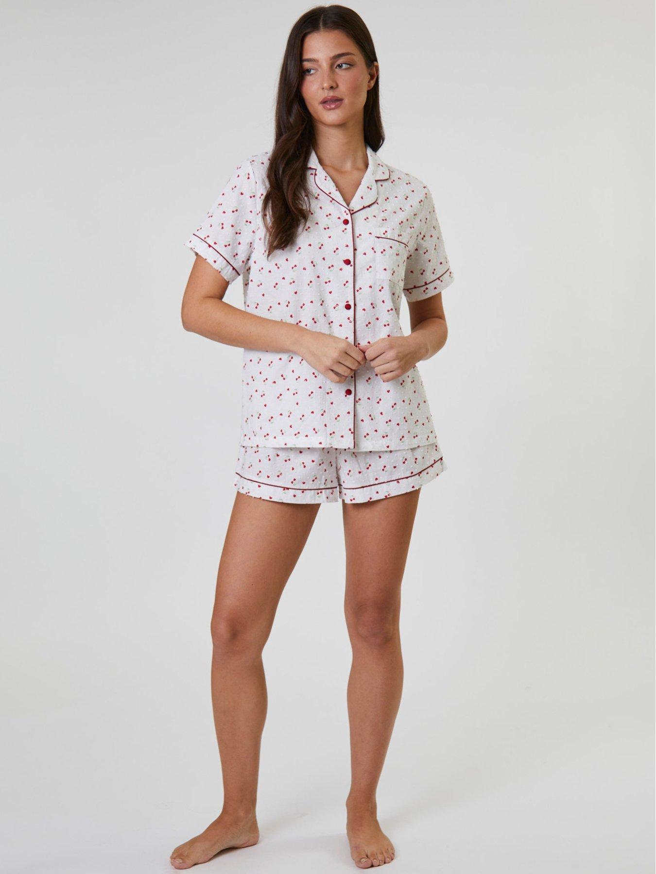  image of loungeable-cherry-printed-dobby-short-sleeve-and-short-set-white