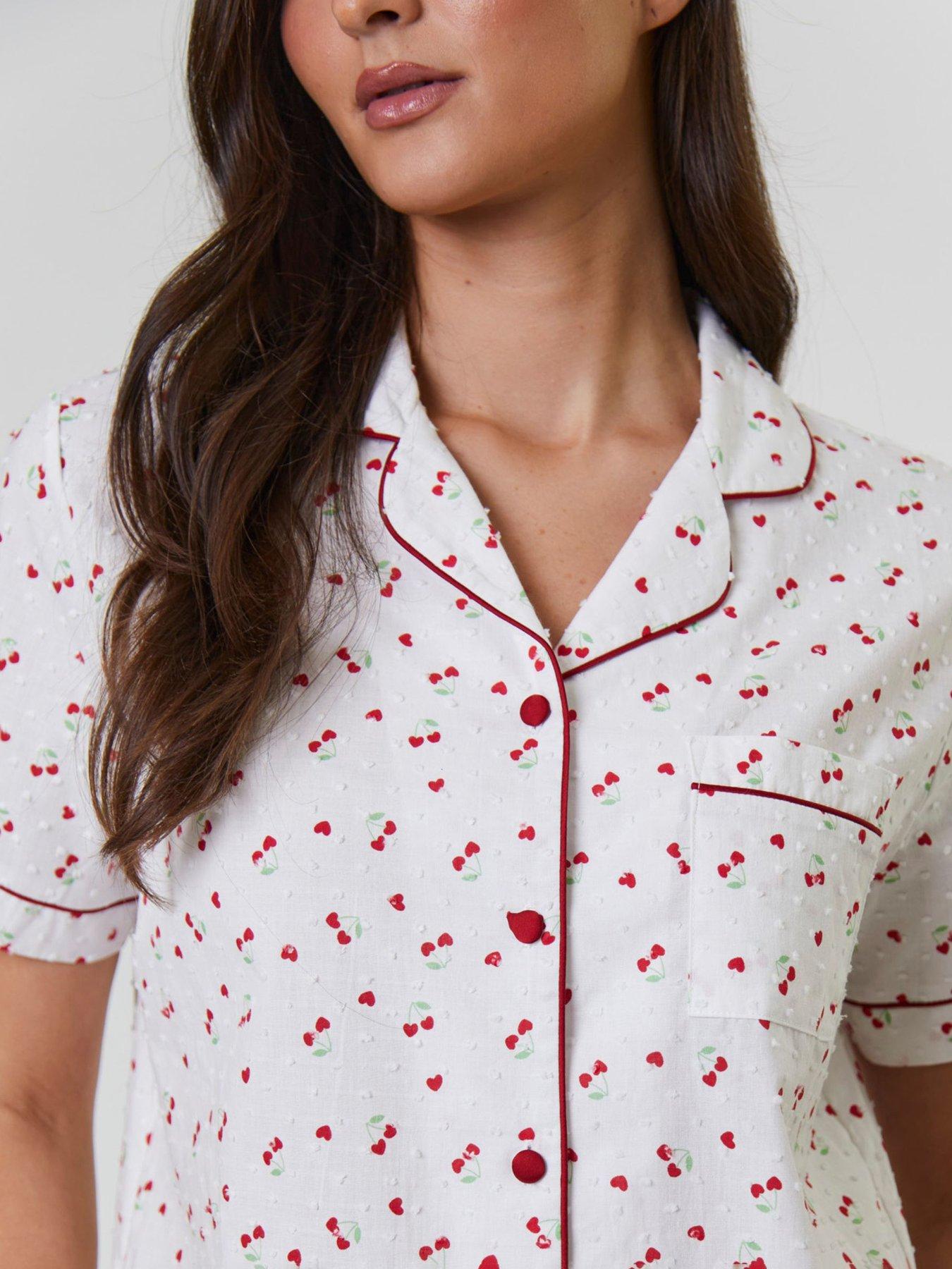  image of loungeable-cherry-printed-dobby-short-sleeve-and-short-set-white