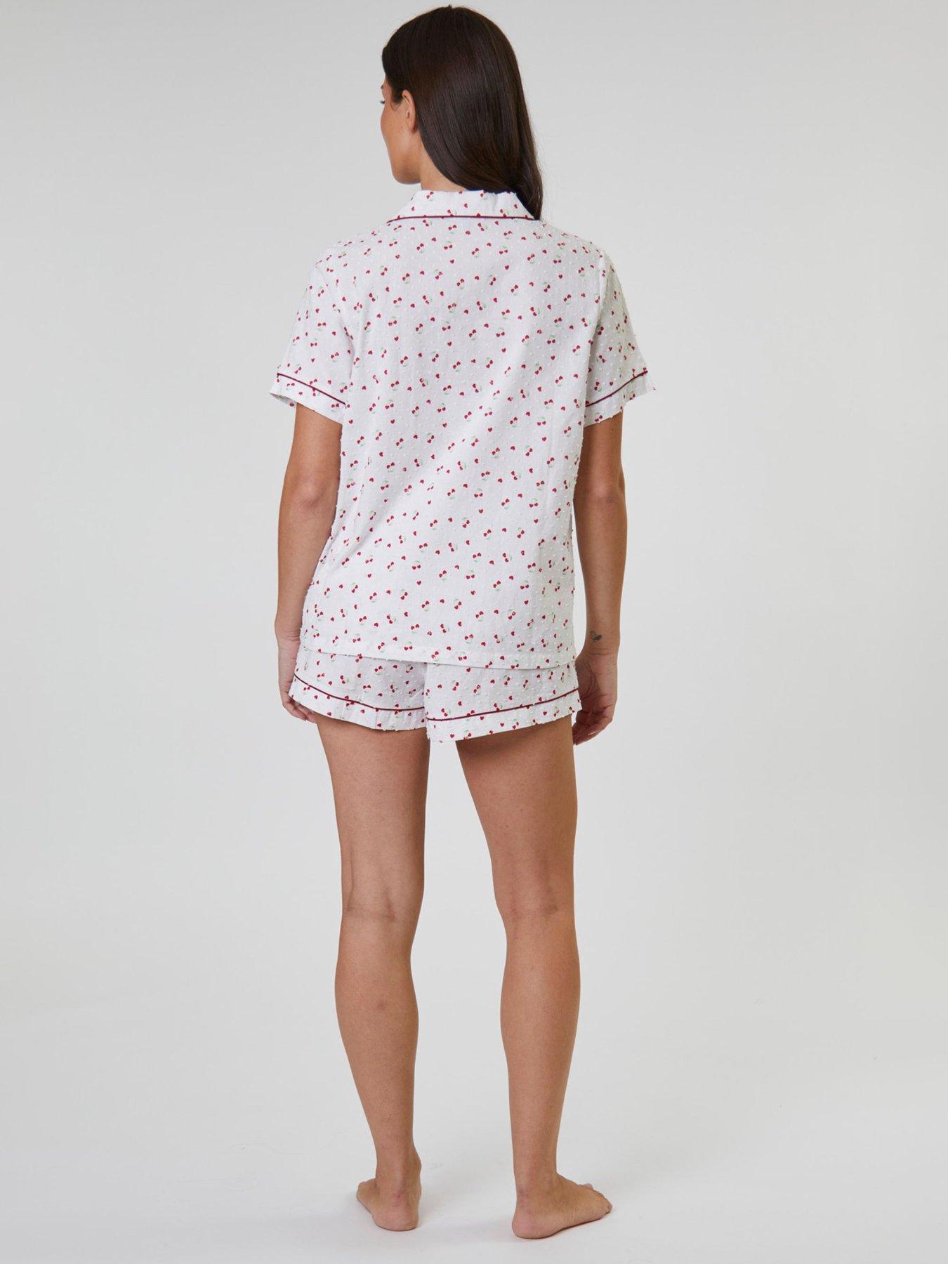  image of loungeable-cherry-printed-dobby-short-sleeve-and-short-set-white