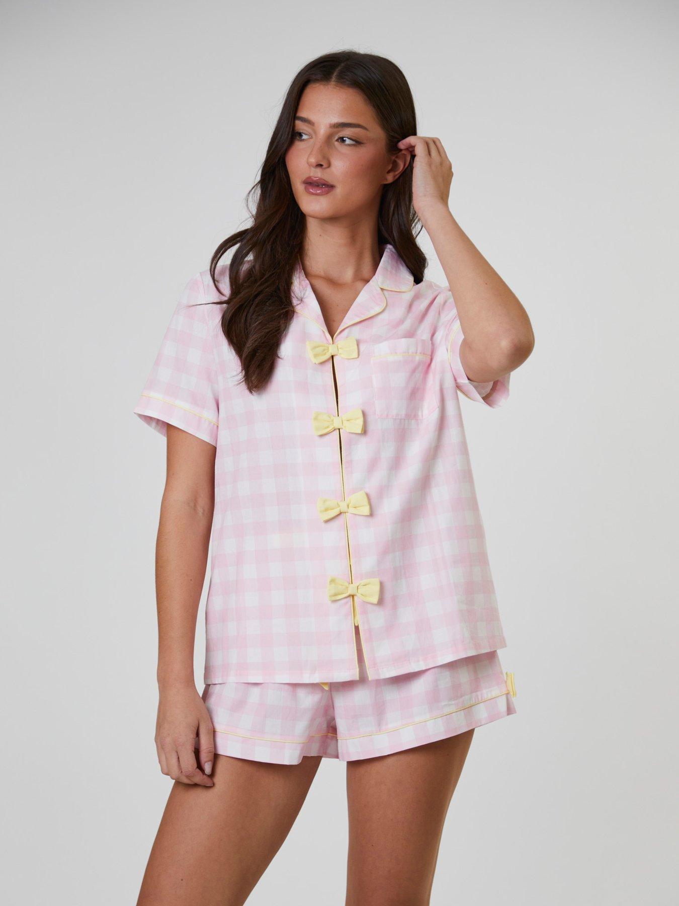 Loungeable Checked Bow Detail Short Sleeve And Short Set - Pink