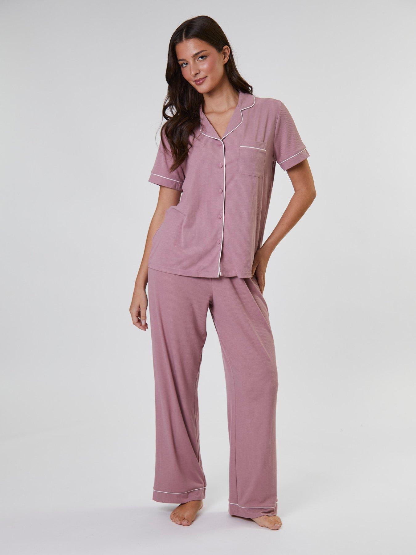Loungeable Rib Short Sleeve Shirt And Long Trouser Pyjama Set- Pink