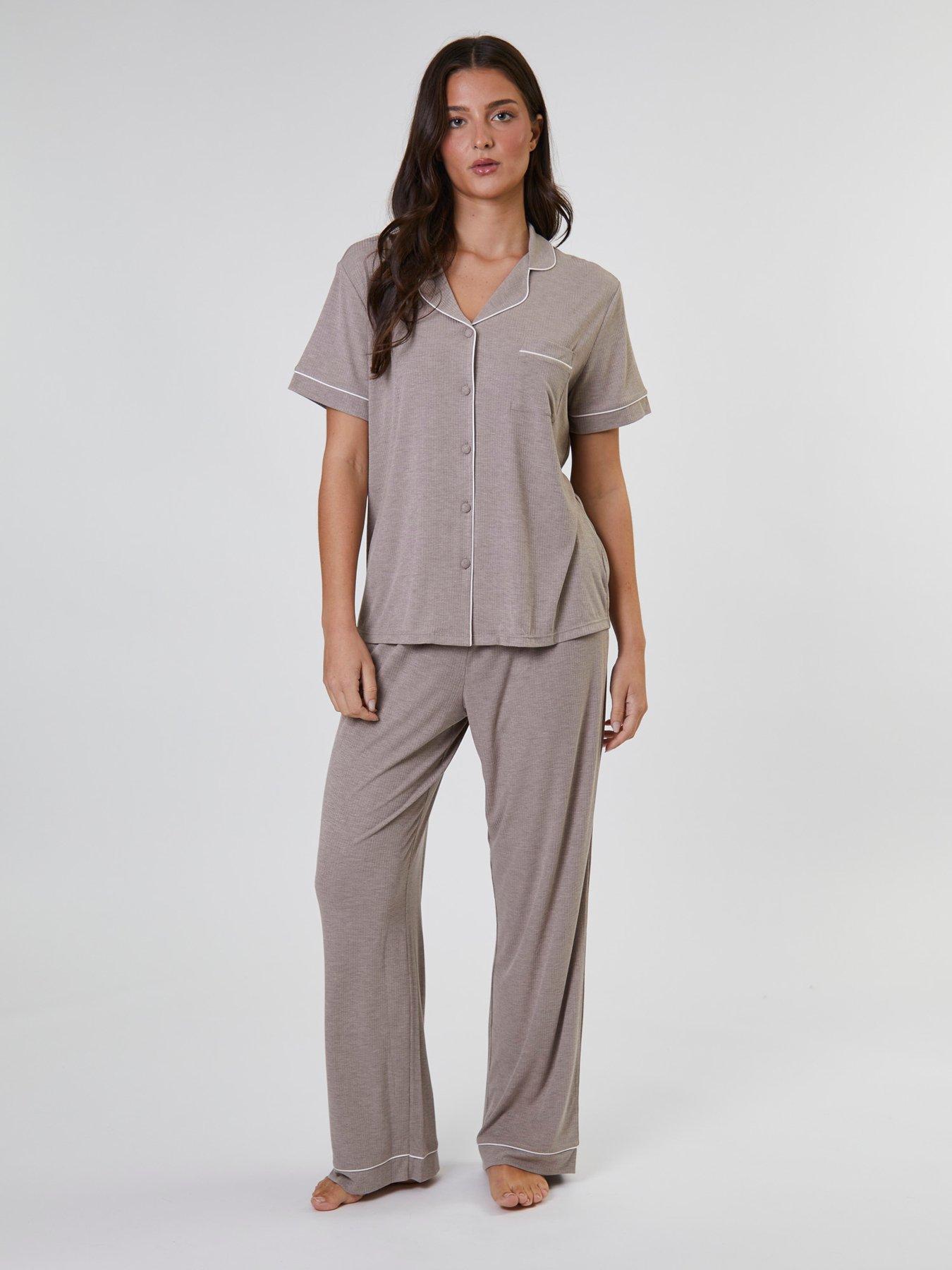 loungeable-rib-short-sleeve-shirt-and-long-trouser-pyjama-set-beige