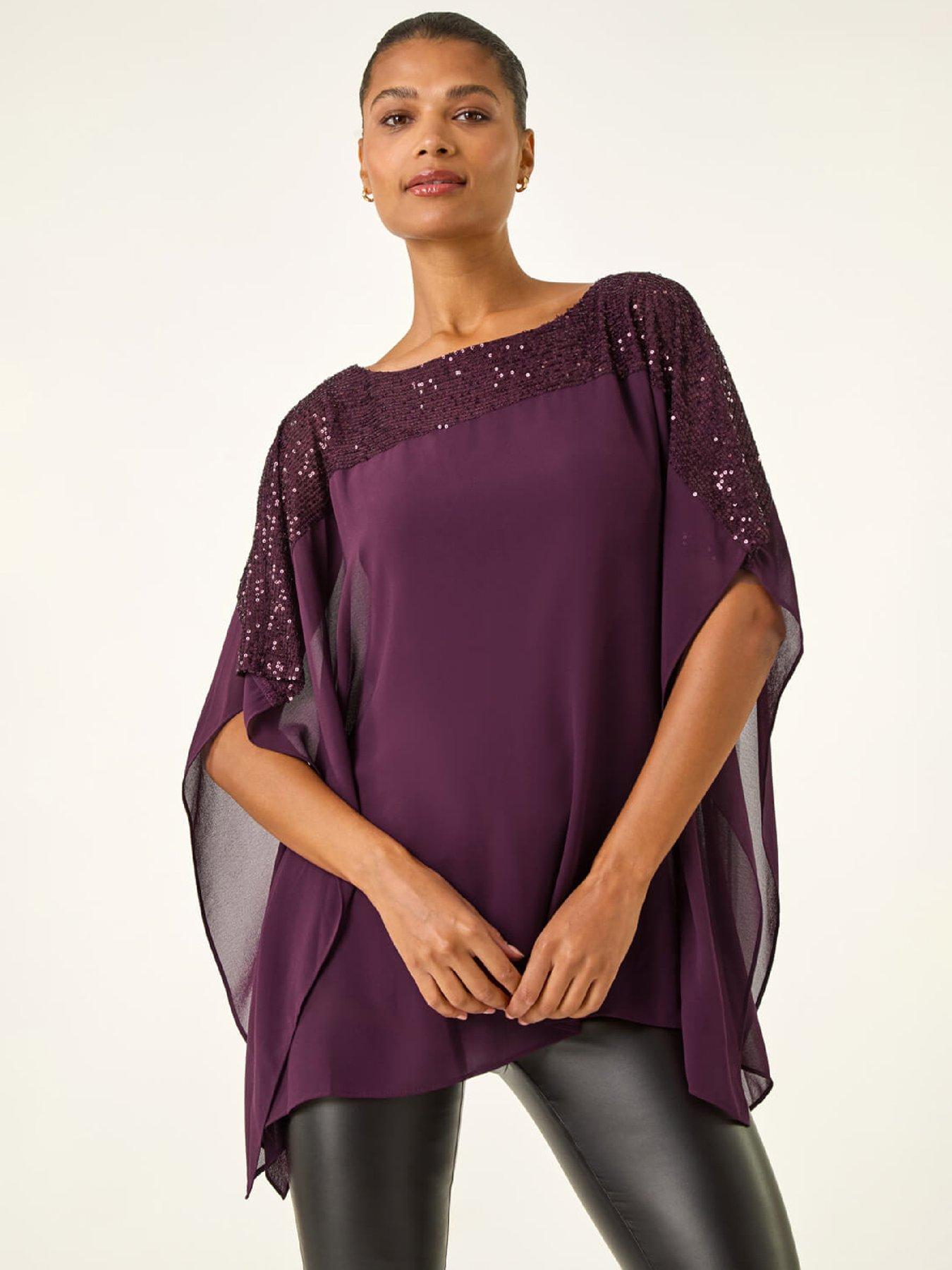 Roman Sequin Yoke Contrast Chiffon Top - Plum