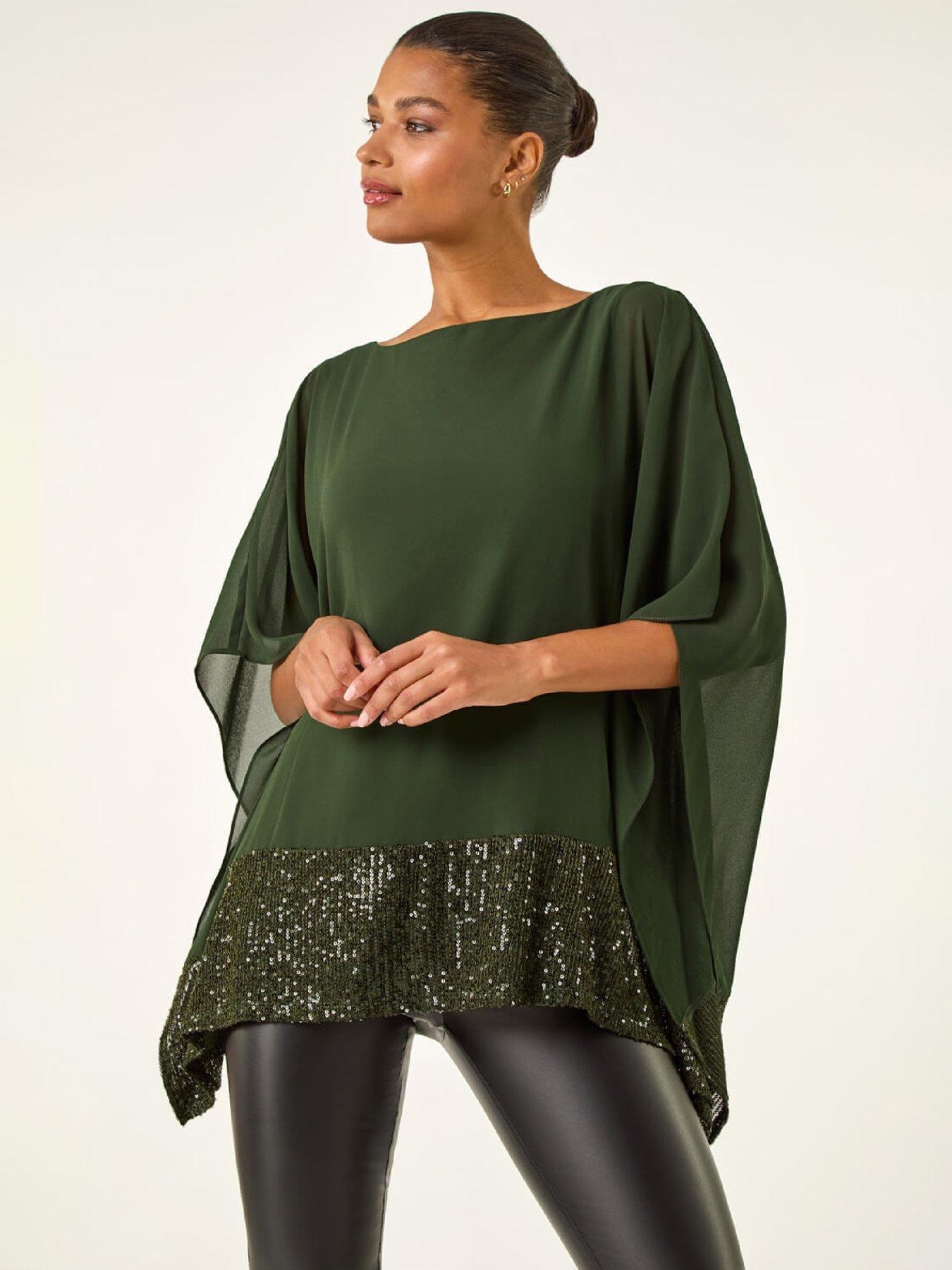 Roman Sequin Hem Contrast Tunic Top - Dark Green