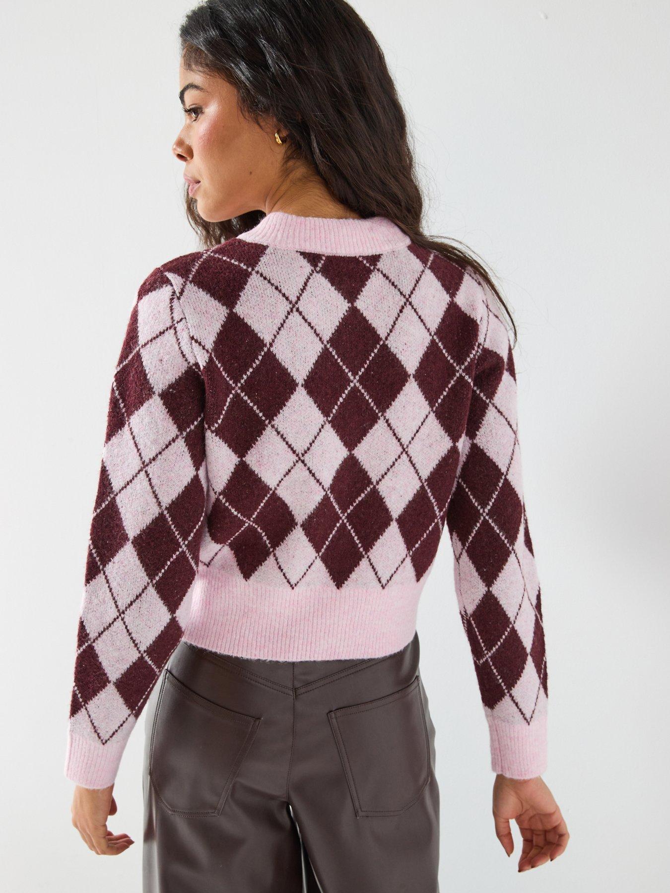 stillFront image of vero-moda-long-sleeve-argyle-cardigan-pink