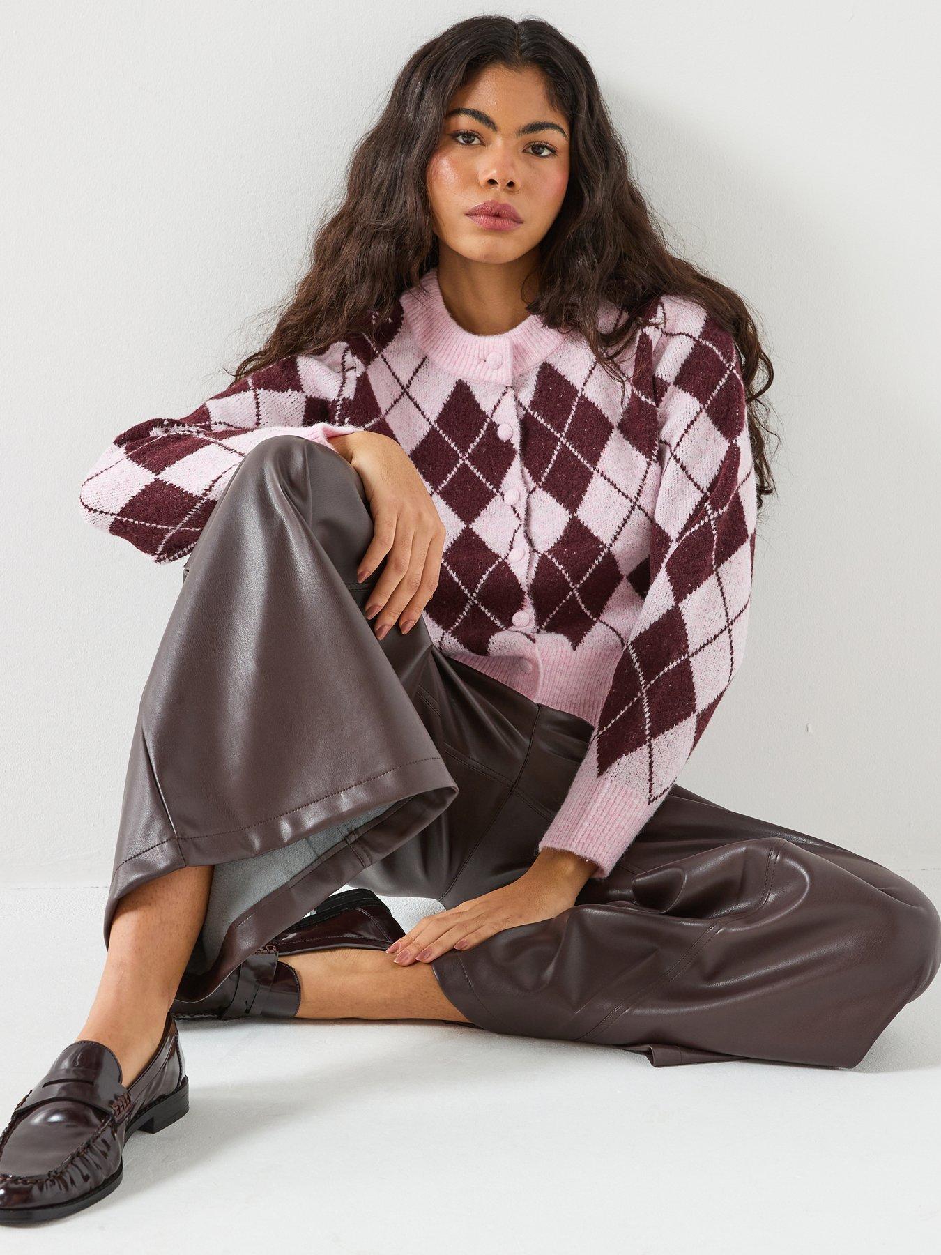  image of vero-moda-long-sleeve-argyle-cardigan-pink