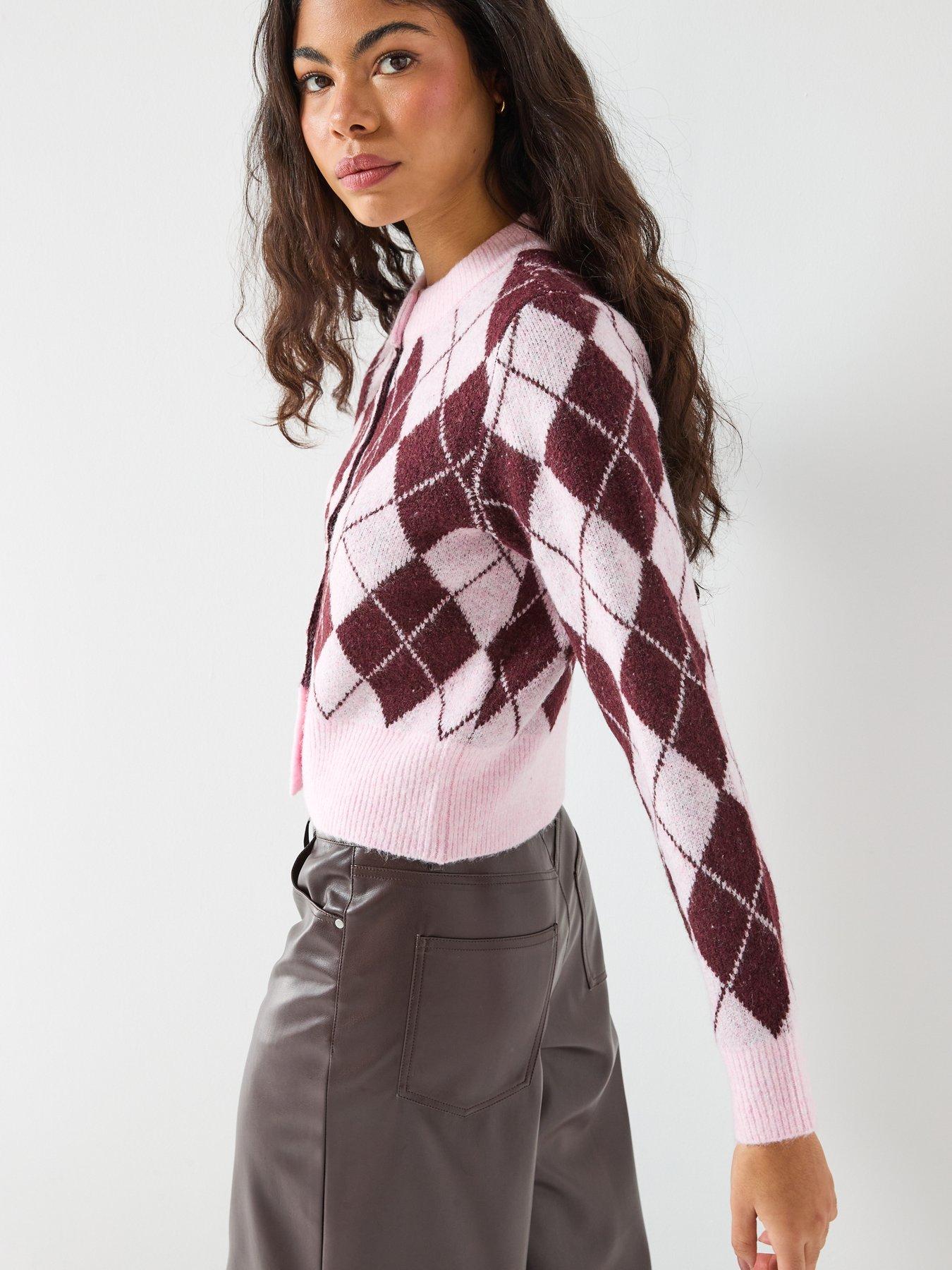  image of vero-moda-long-sleeve-argyle-cardigan-pink