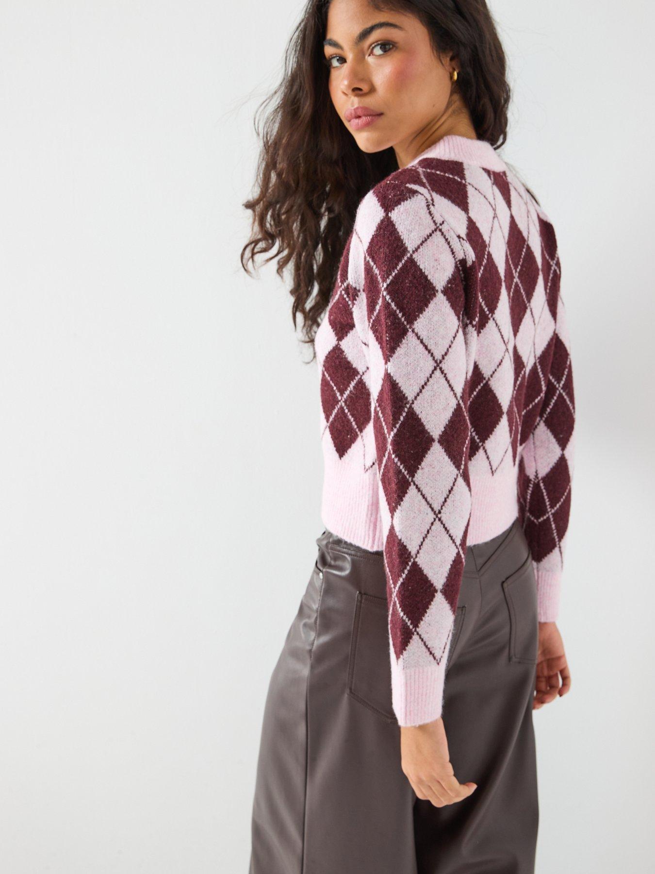  image of vero-moda-long-sleeve-argyle-cardigan-pink