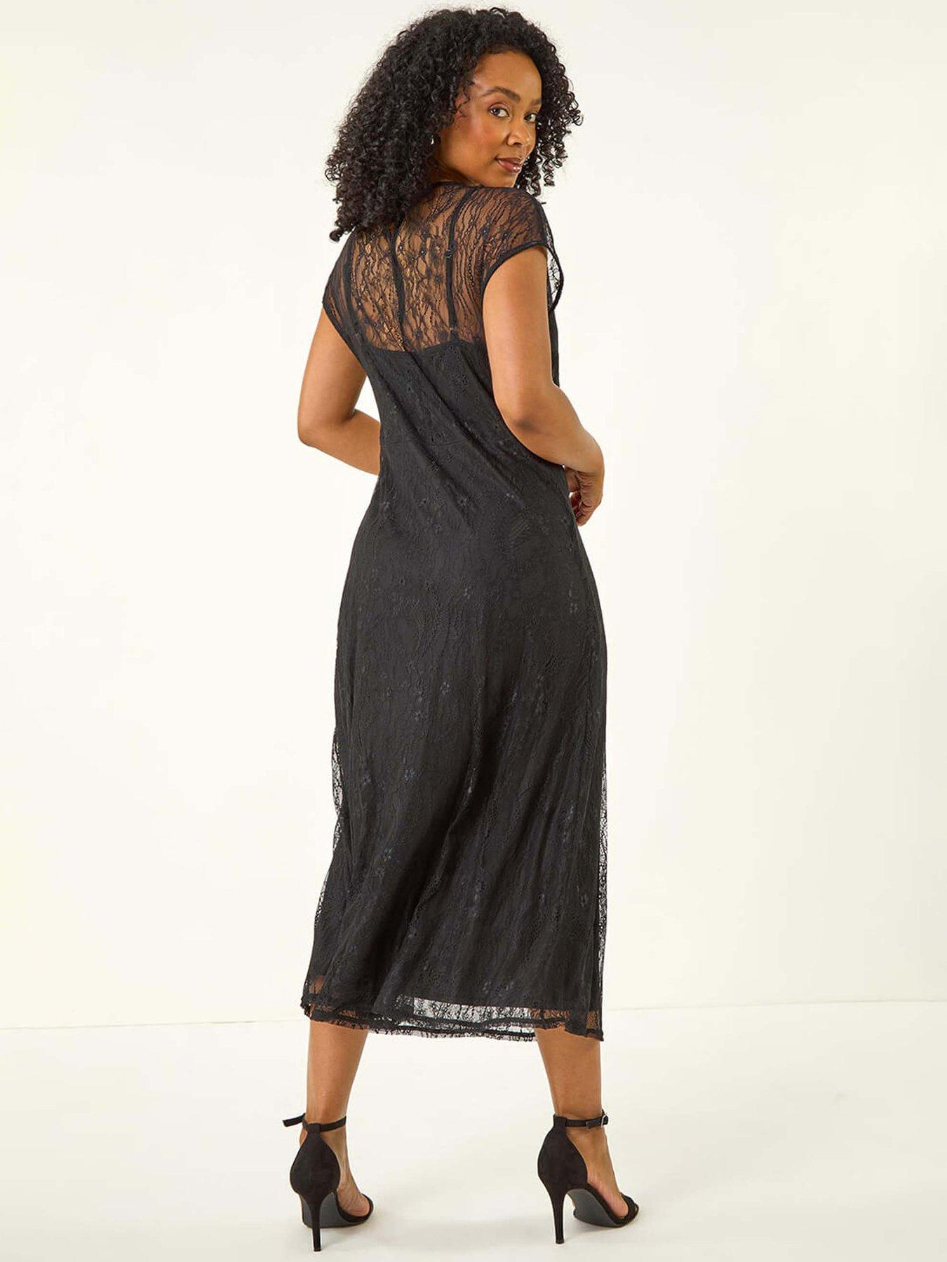 Image 2 of 5 of Roman Petite Lace Stretch Midi Dress - Black