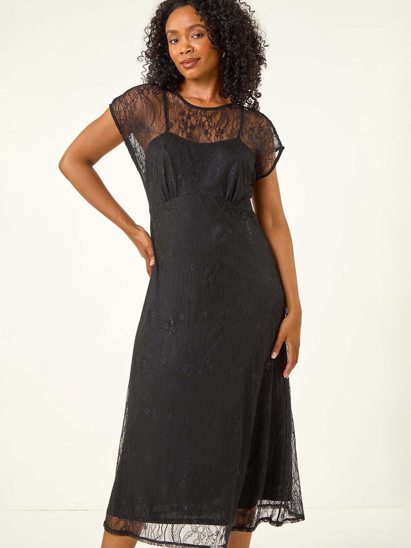 Image 3 of 5 of Roman Petite Lace Stretch Midi Dress - Black