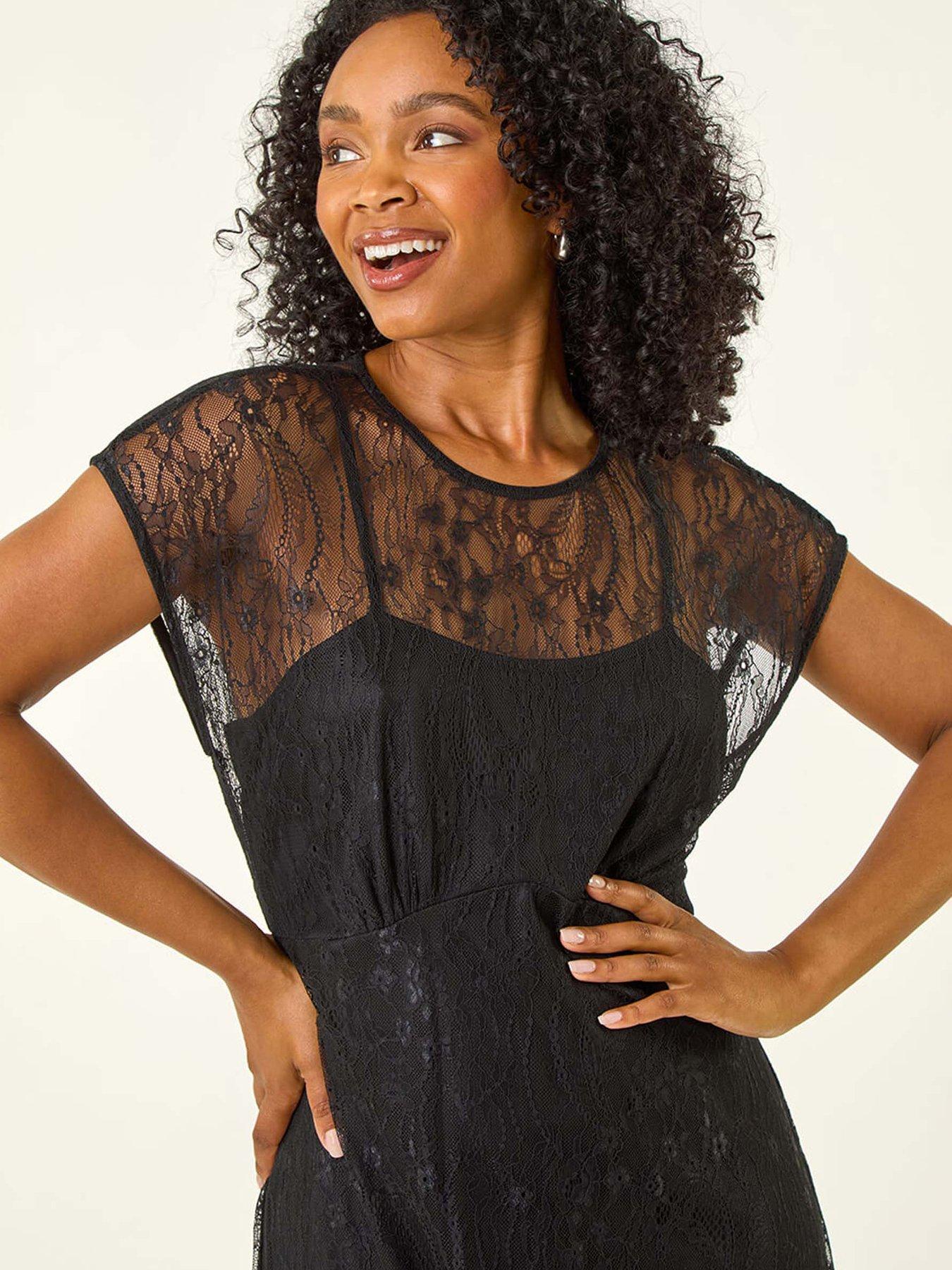 Image 4 of 5 of Roman Petite Lace Stretch Midi Dress - Black