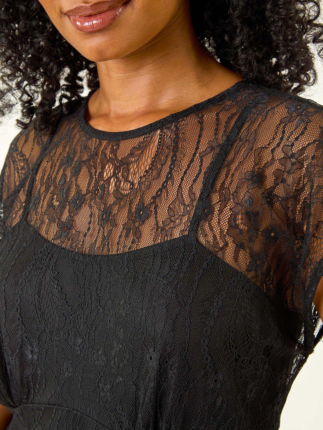 Image 5 of 5 of Roman Petite Lace Stretch Midi Dress - Black