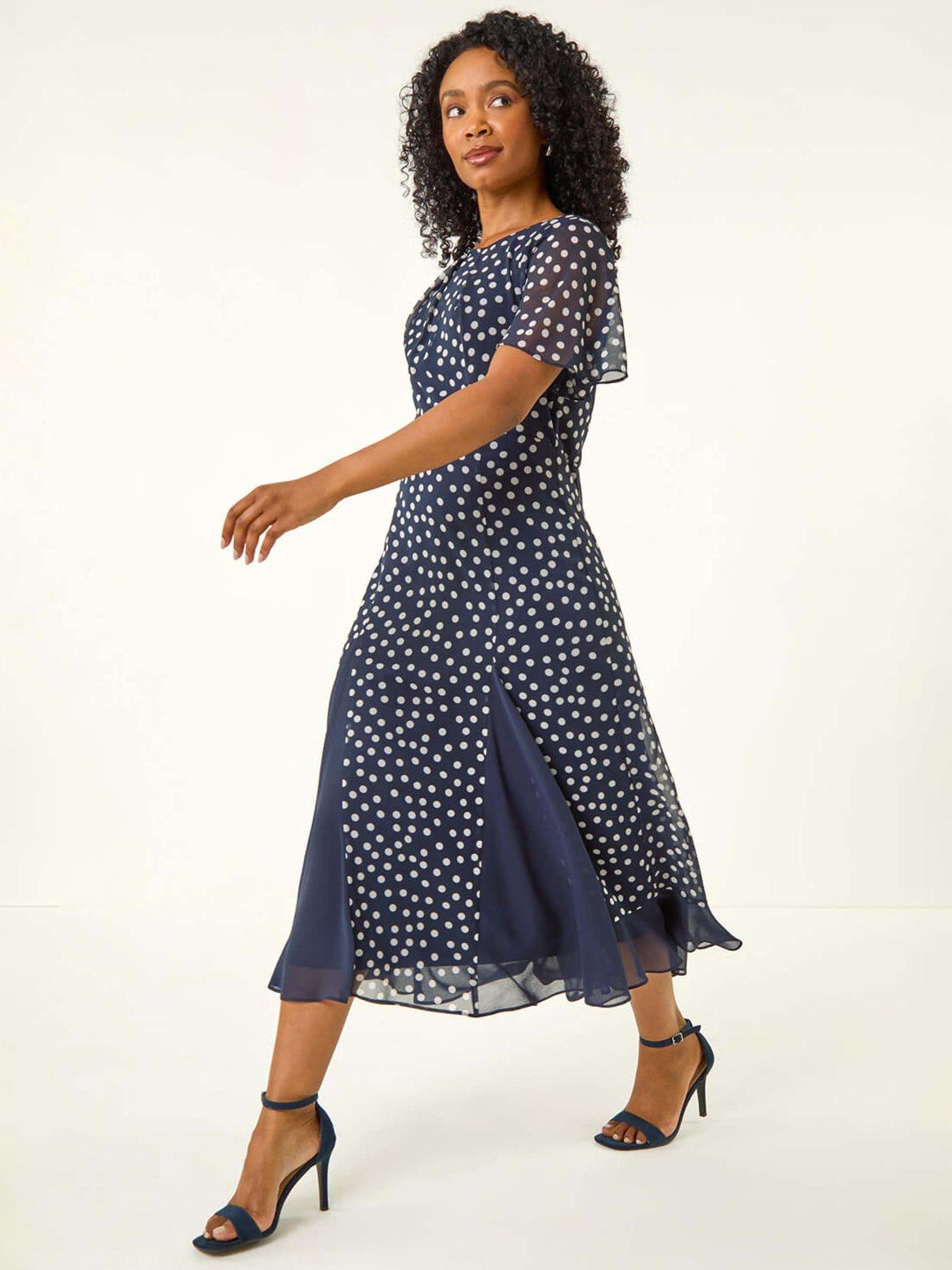 Roman Petite Spot Print Godet Hem Midi Dress - Navy