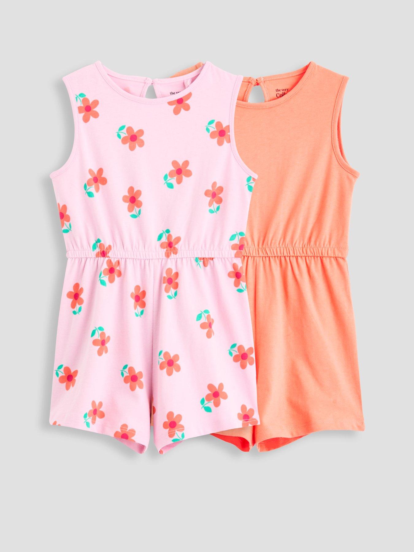 Image 1 of 5 of The Very Collection Girls 2 Pack Playsuits - Print/Coral