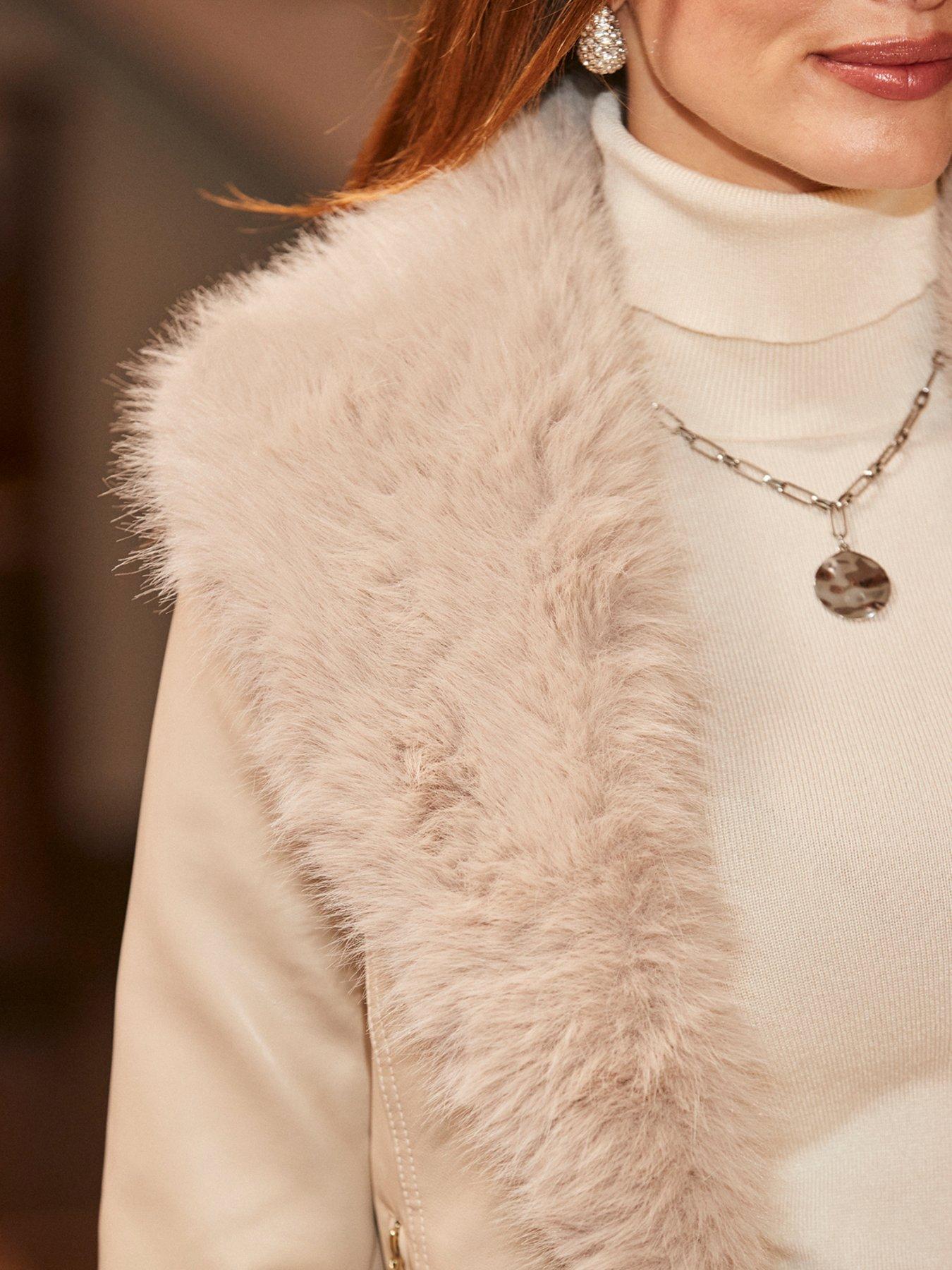  image of sosandar-faux-leather-biker-jacket-with-faux-fur-trim-beige