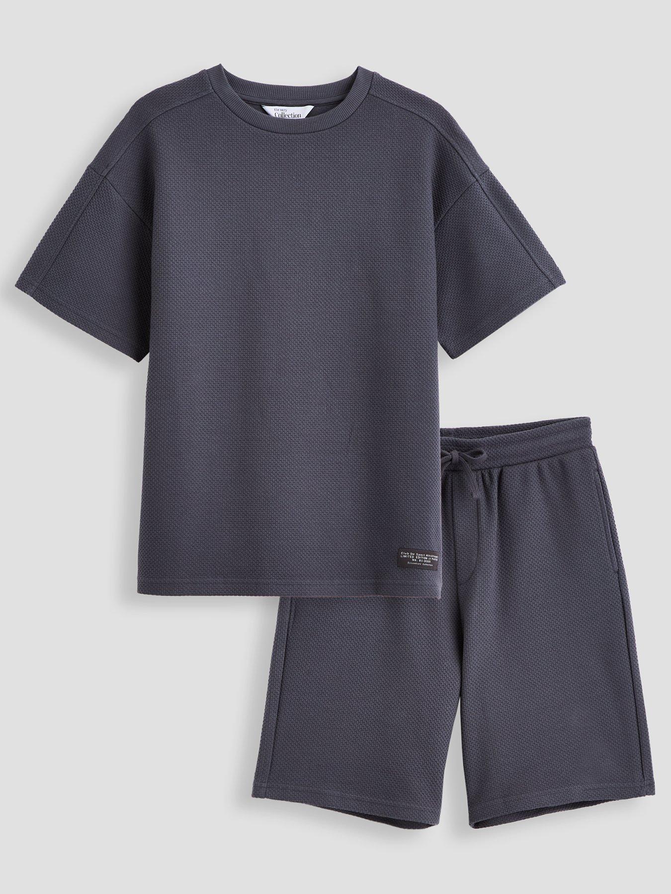 Image 1 of 6 of The Very Collection Boys Waffle Label Detail Tshirt And Shorts Set - Black