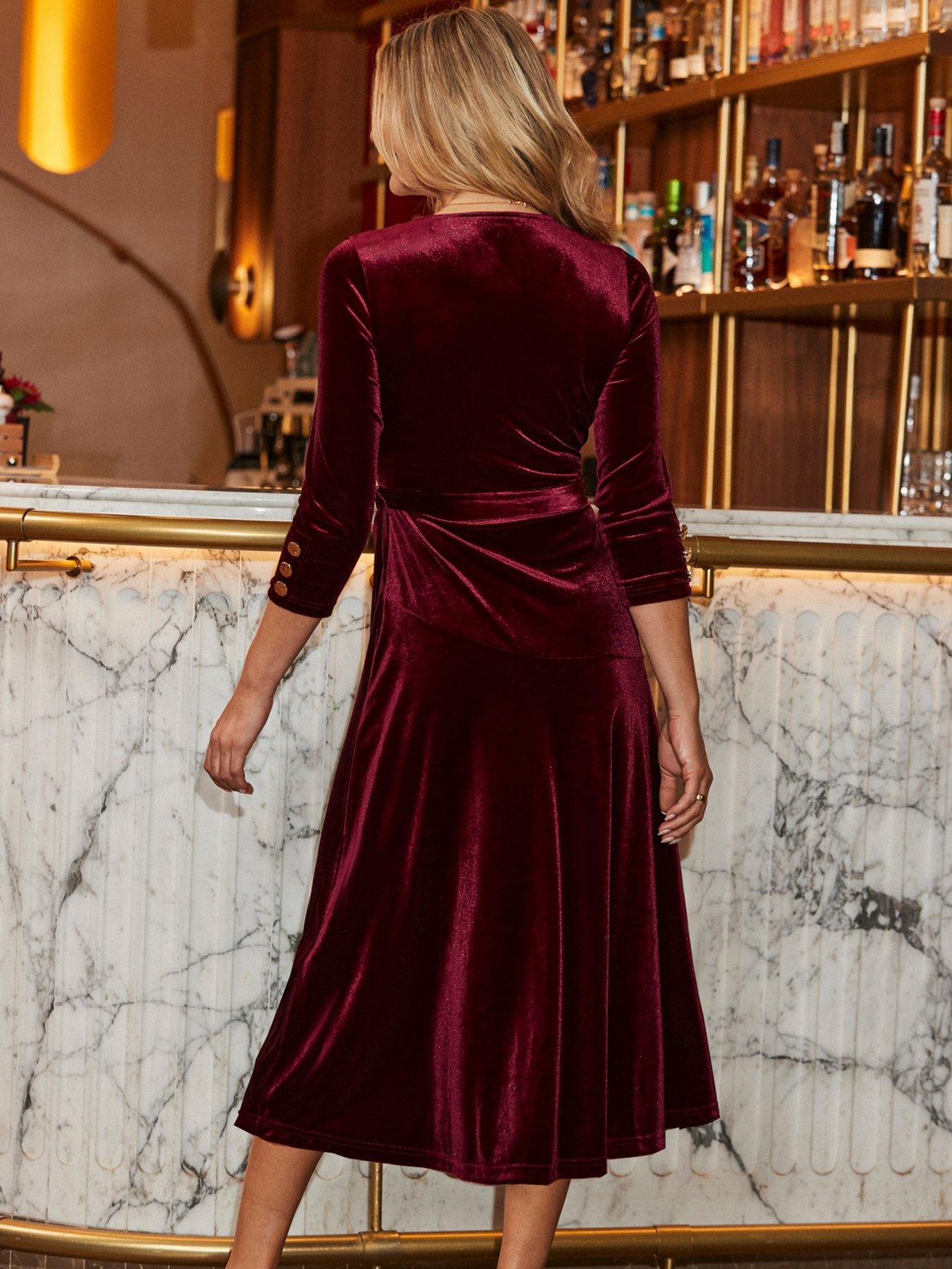  image of sosandar-burgundy-velvet-belted-fit-amp-flare-wrap-dress-red