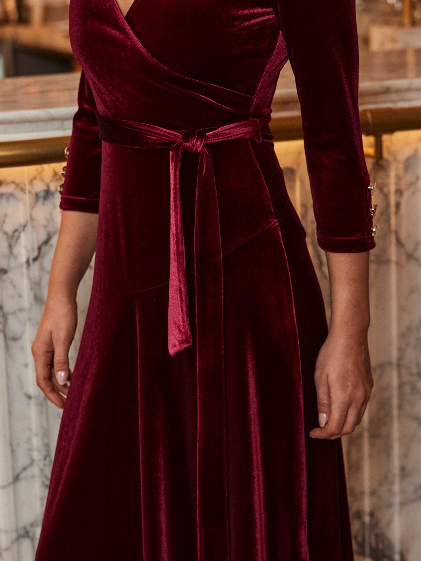  image of sosandar-burgundy-velvet-belted-fit-amp-flare-wrap-dress-red