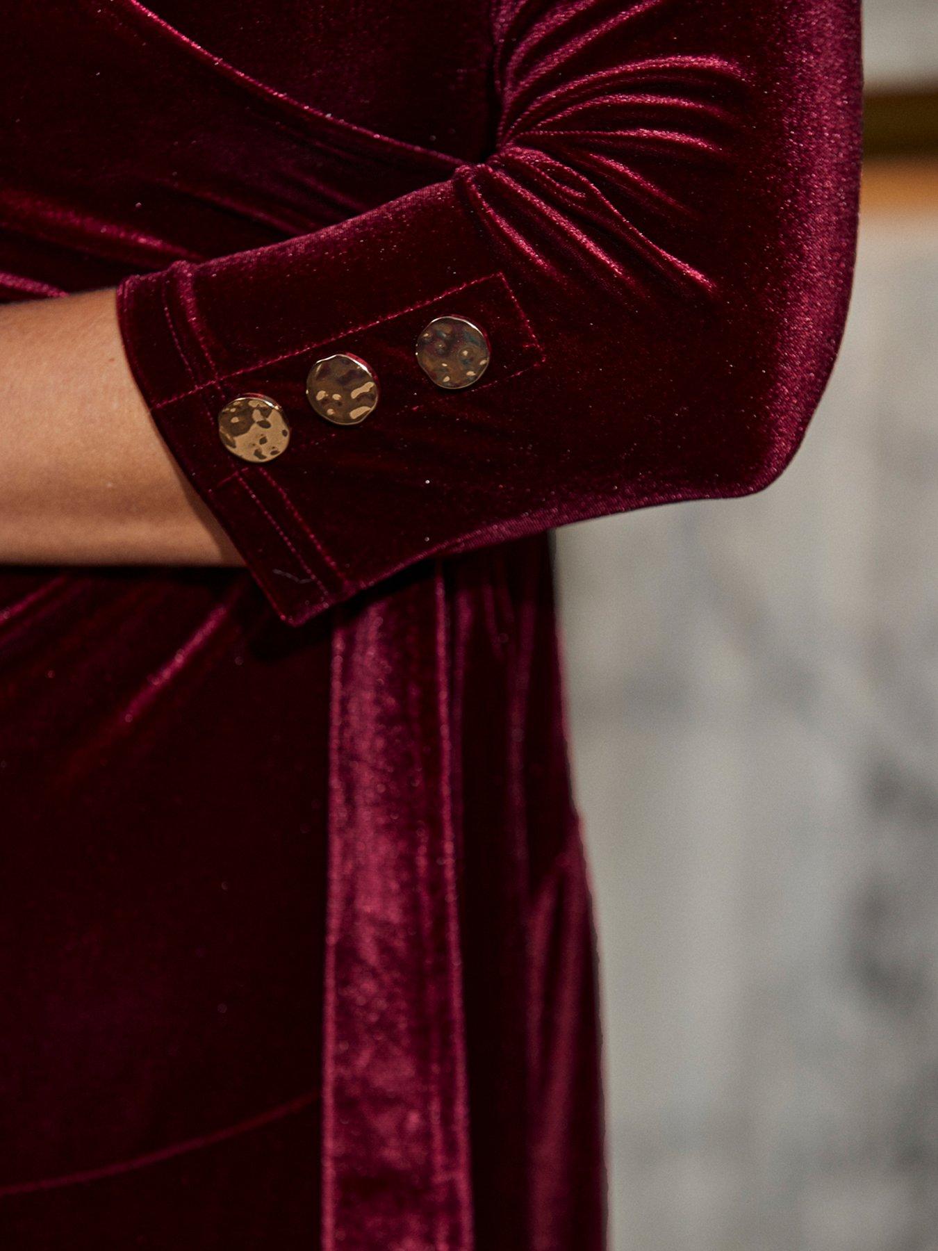 Sosandar Burgundy Velvet Belted Fit & Flare Wrap Dress - Red | Littlewoods