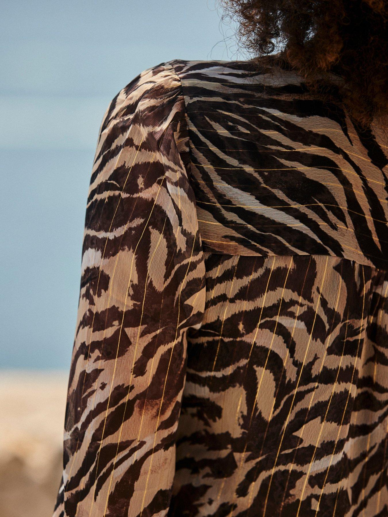  image of sosandar-animal-print-metallic-thread-tie-neck-blouse-brown