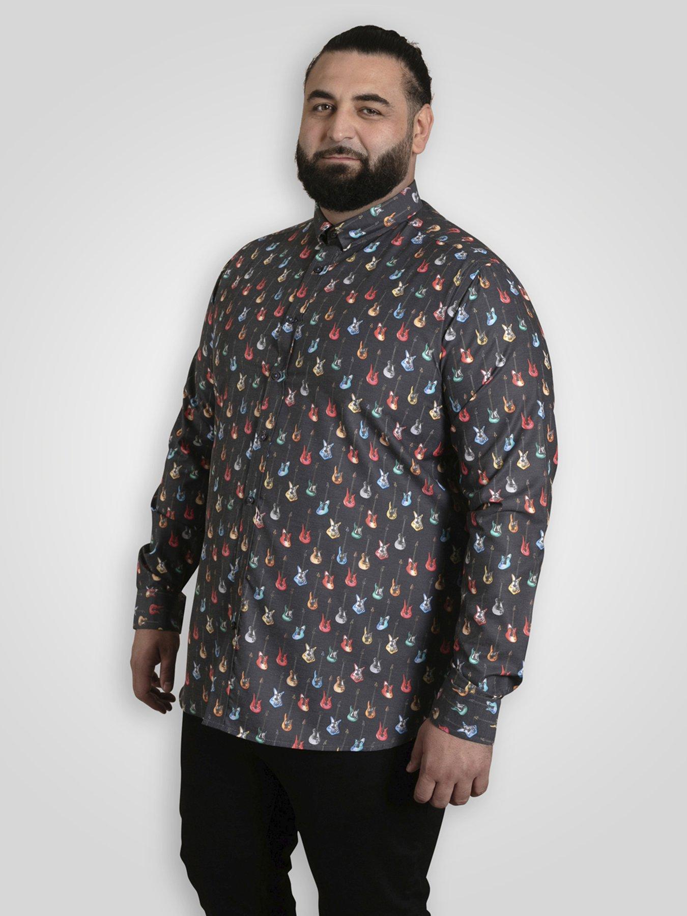 D555 Long Sleeve Guitar Printed Shirt With Chest Patch Pocket - Grey