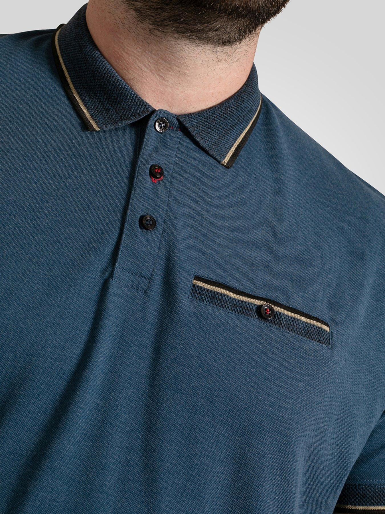 Image 5 of 6 of D555 Pique Polo Shirt With Jacquard Collar And Cuffs With Chest Pocket - Blue
