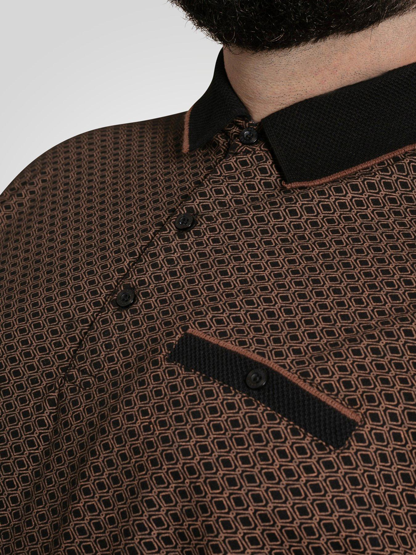 Image 5 of 6 of D555 Polo Shirt With Jacquard Collar Pocket And Cuffs With Gold Tipping - Black