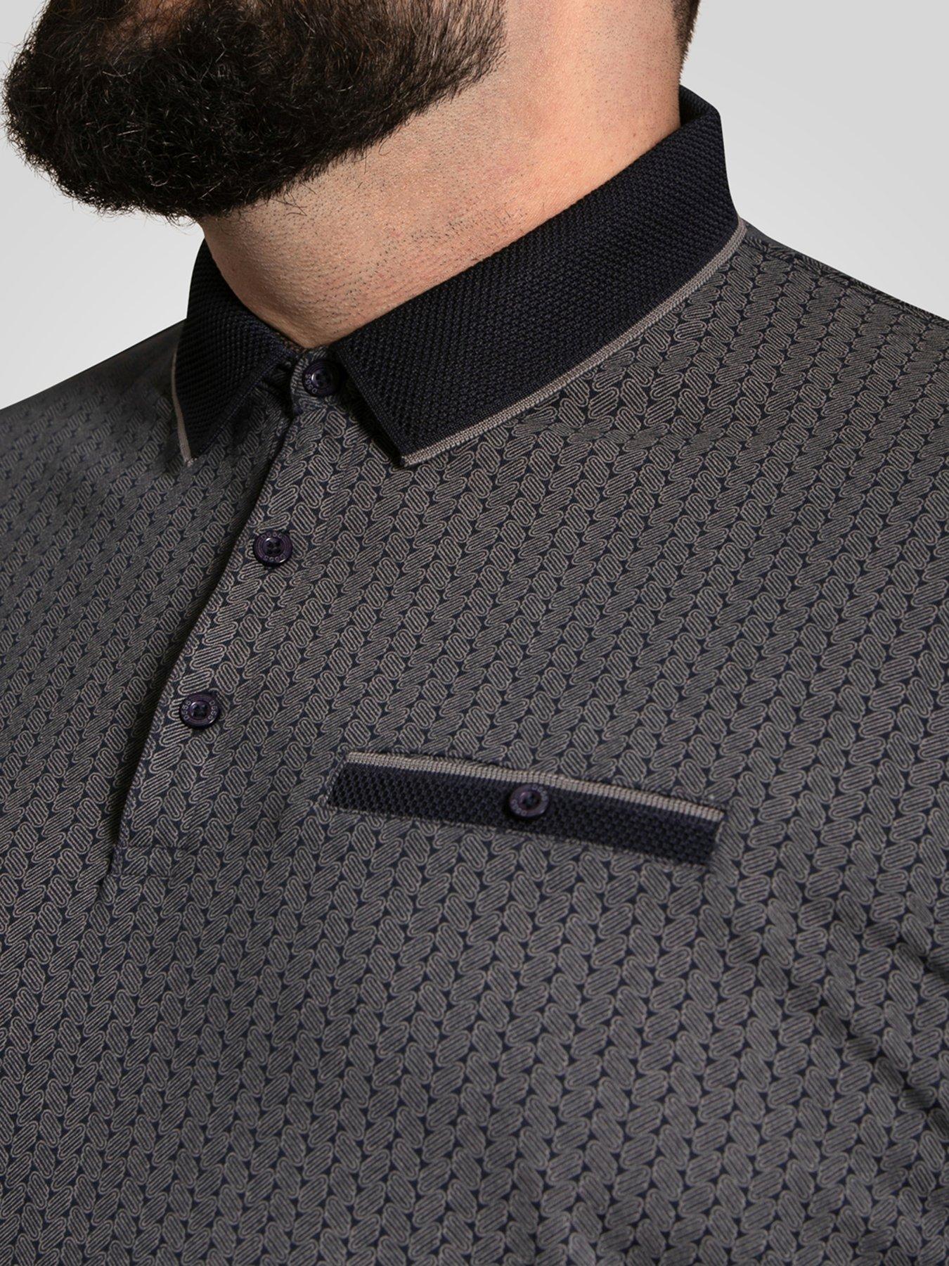 Image 4 of 5 of D555 Polo Shirt With Jacquard Collar Pocket And Cuffs With Grey Tipping - Navy