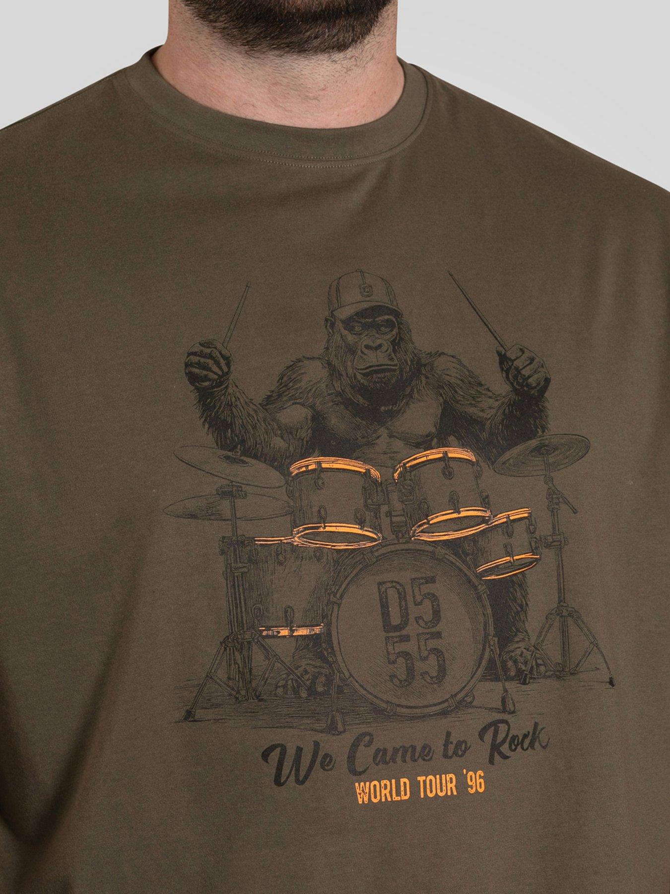 image of d555-gorilla-playing-drums-printed-crew-neck-t-shirt-green