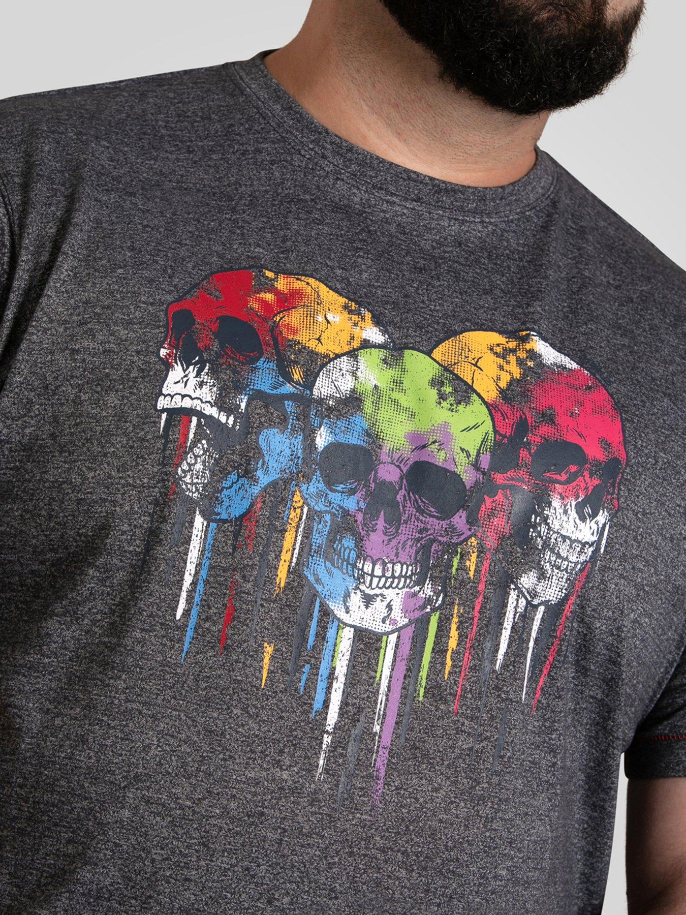  image of d555-skulls-with-coloured-drips-printed-crew-neck-t-shirt-navy