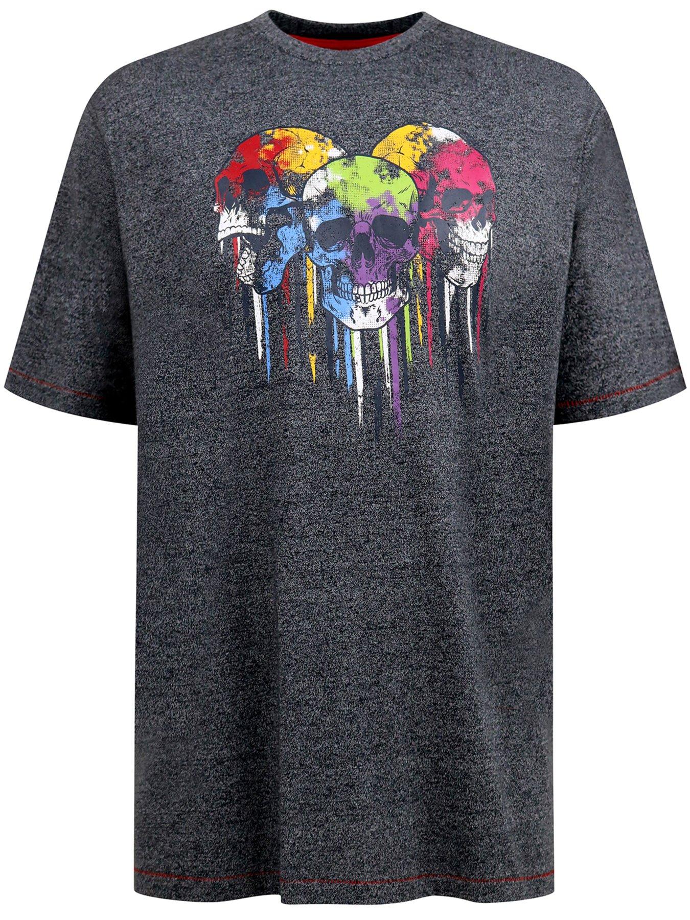  image of d555-skulls-with-coloured-drips-printed-crew-neck-t-shirt-navy