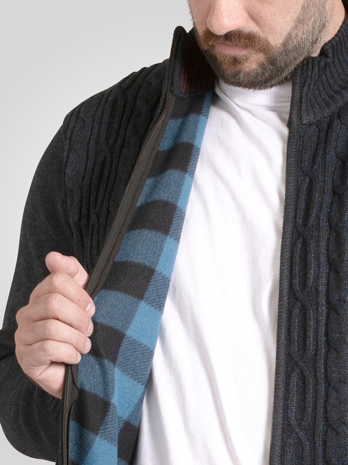 Image 4 of 6 of D555 Knitted Jumper Zip Through Cable With Bonded Check Lining - Navy