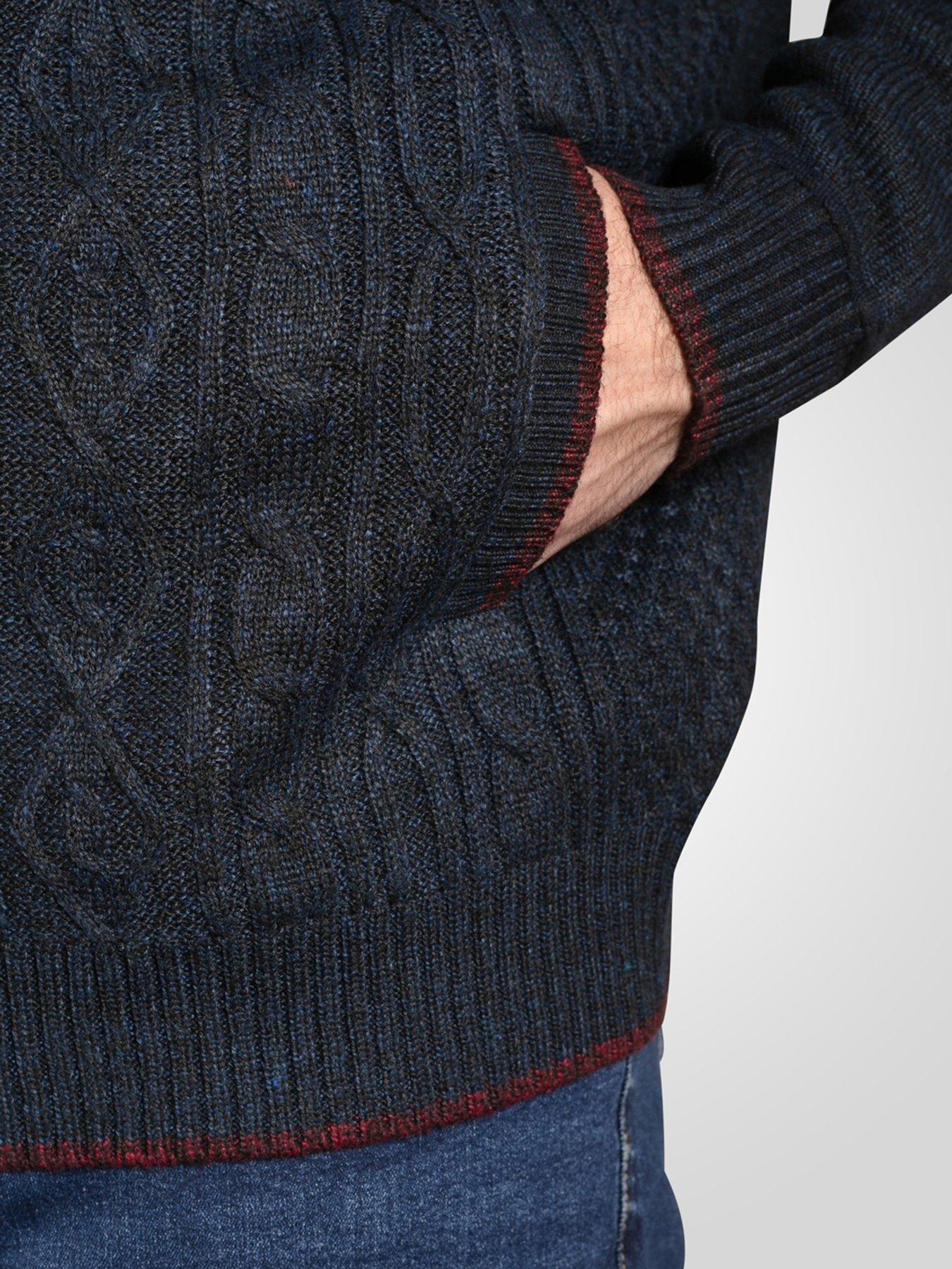 Image 5 of 6 of D555 Knitted Jumper Zip Through Cable With Bonded Check Lining - Navy