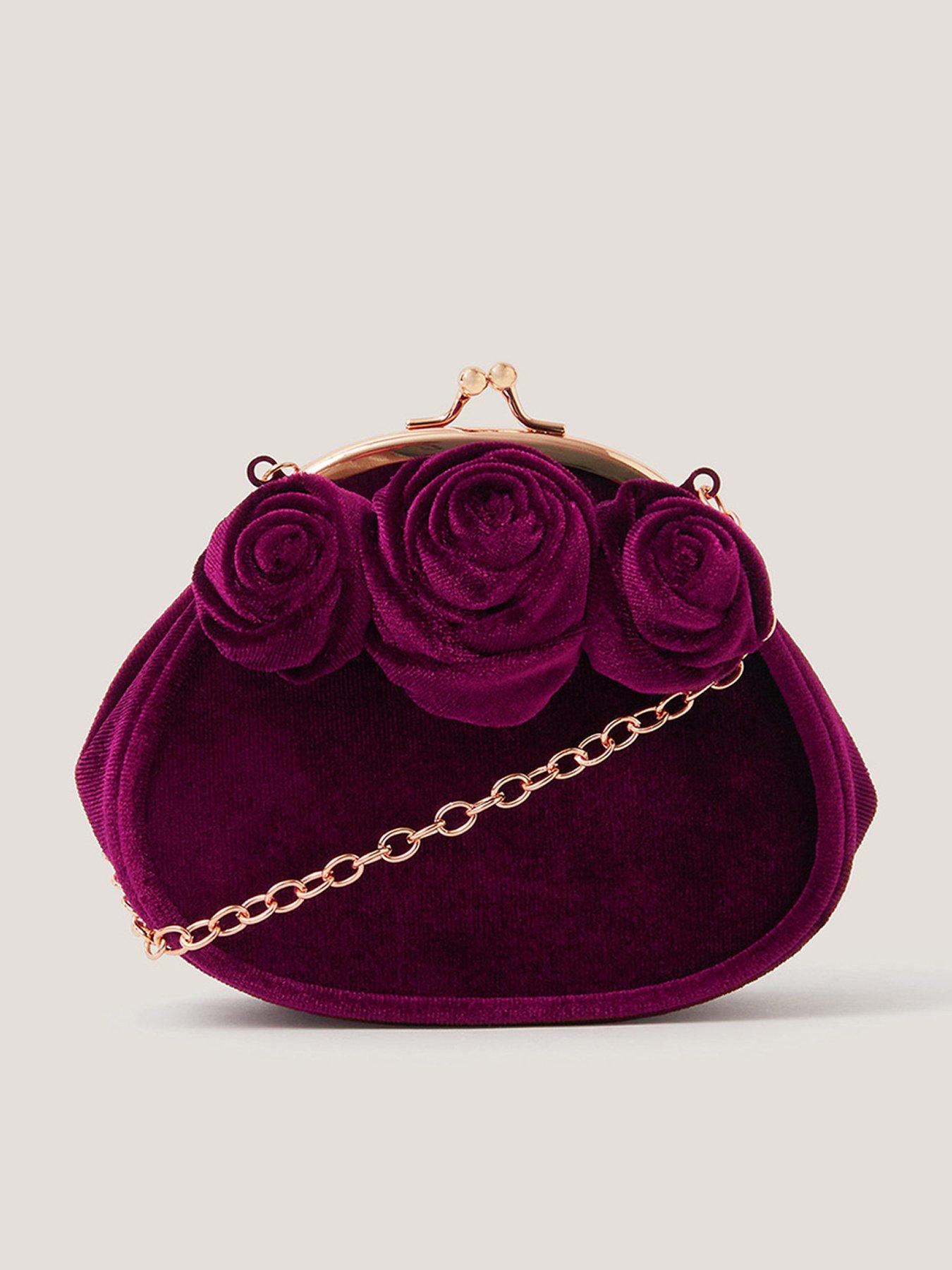 front image of monsoon-girls-velvet-roses-frame-bag-dark-red