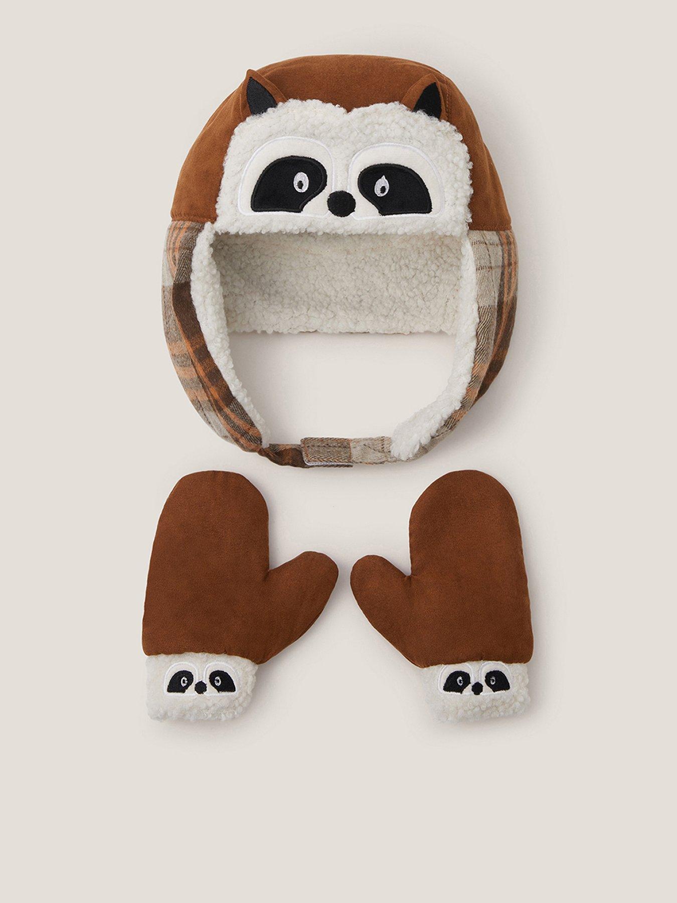  image of monsoon-baby-unisex-racoon-trapper-hat-amp-mittens-set-multi