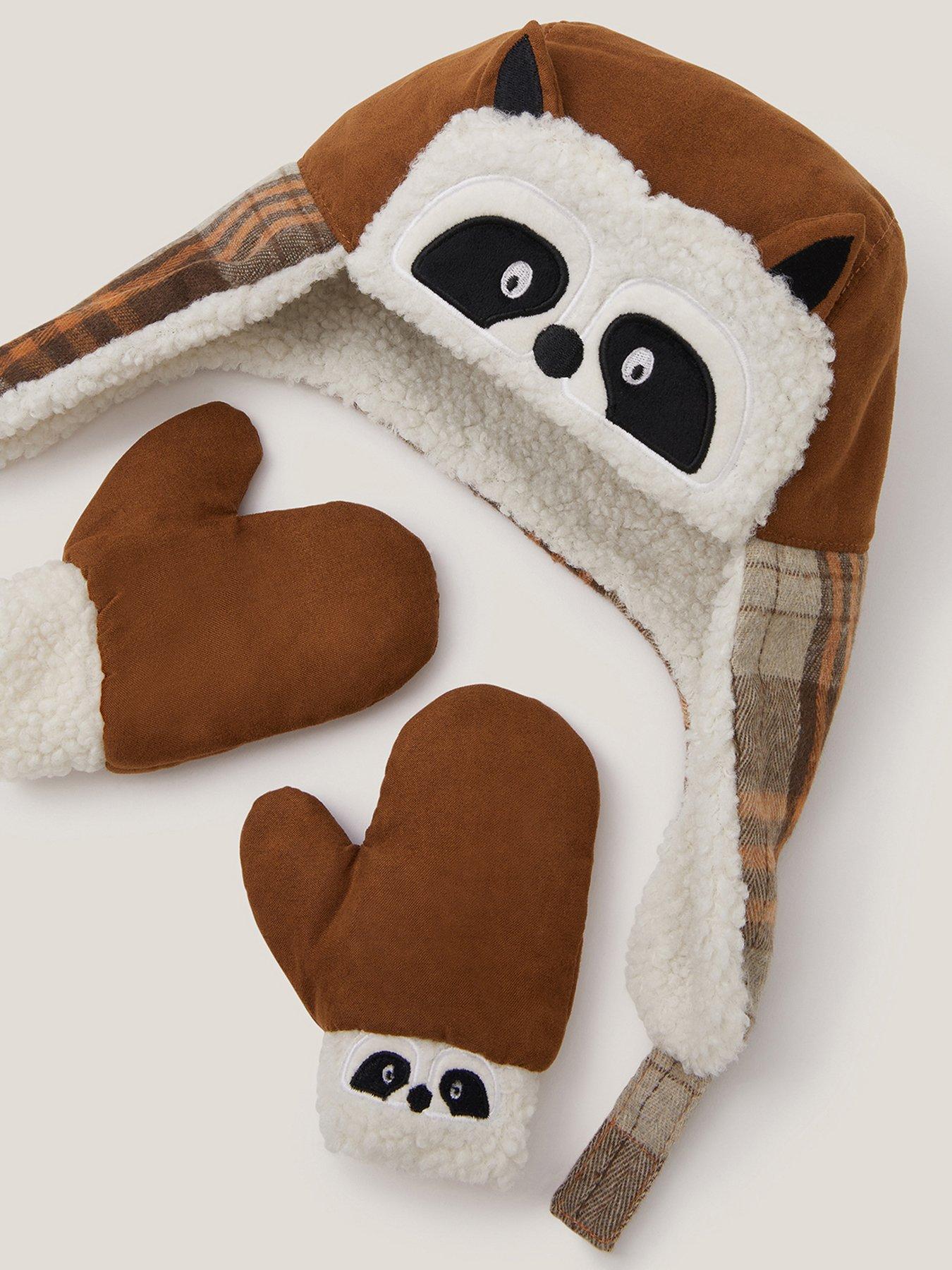  image of monsoon-baby-unisex-racoon-trapper-hat-amp-mittens-set-multi
