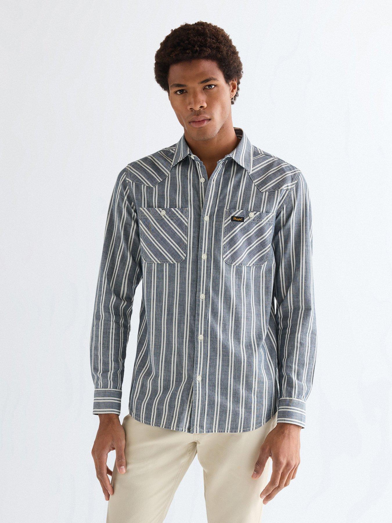 Image 1 of 5 of Wrangler Chambray Stripe Long Sleeve Shirt - Blue