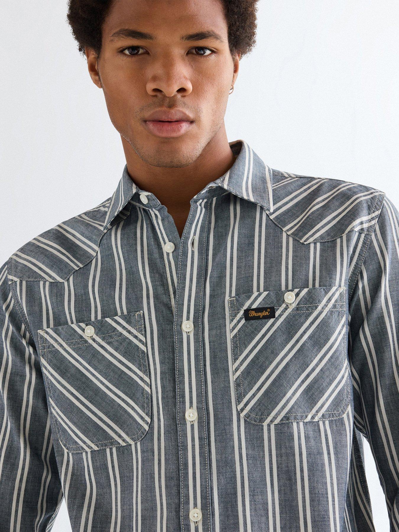 Image 4 of 5 of Wrangler Chambray Stripe Long Sleeve Shirt - Blue