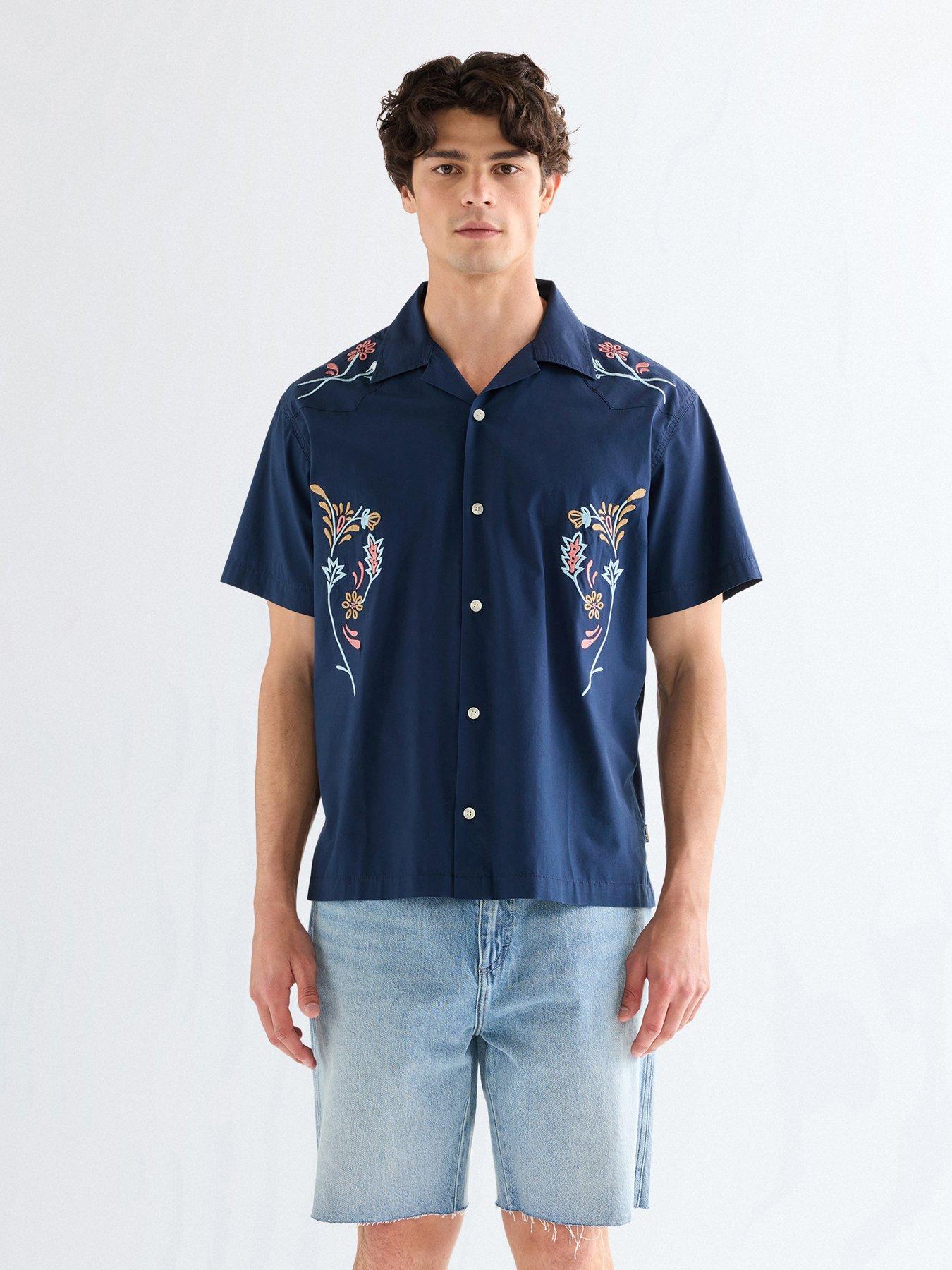 Wrangler Embroidered Resort Short Sleeve Shirt - Navy