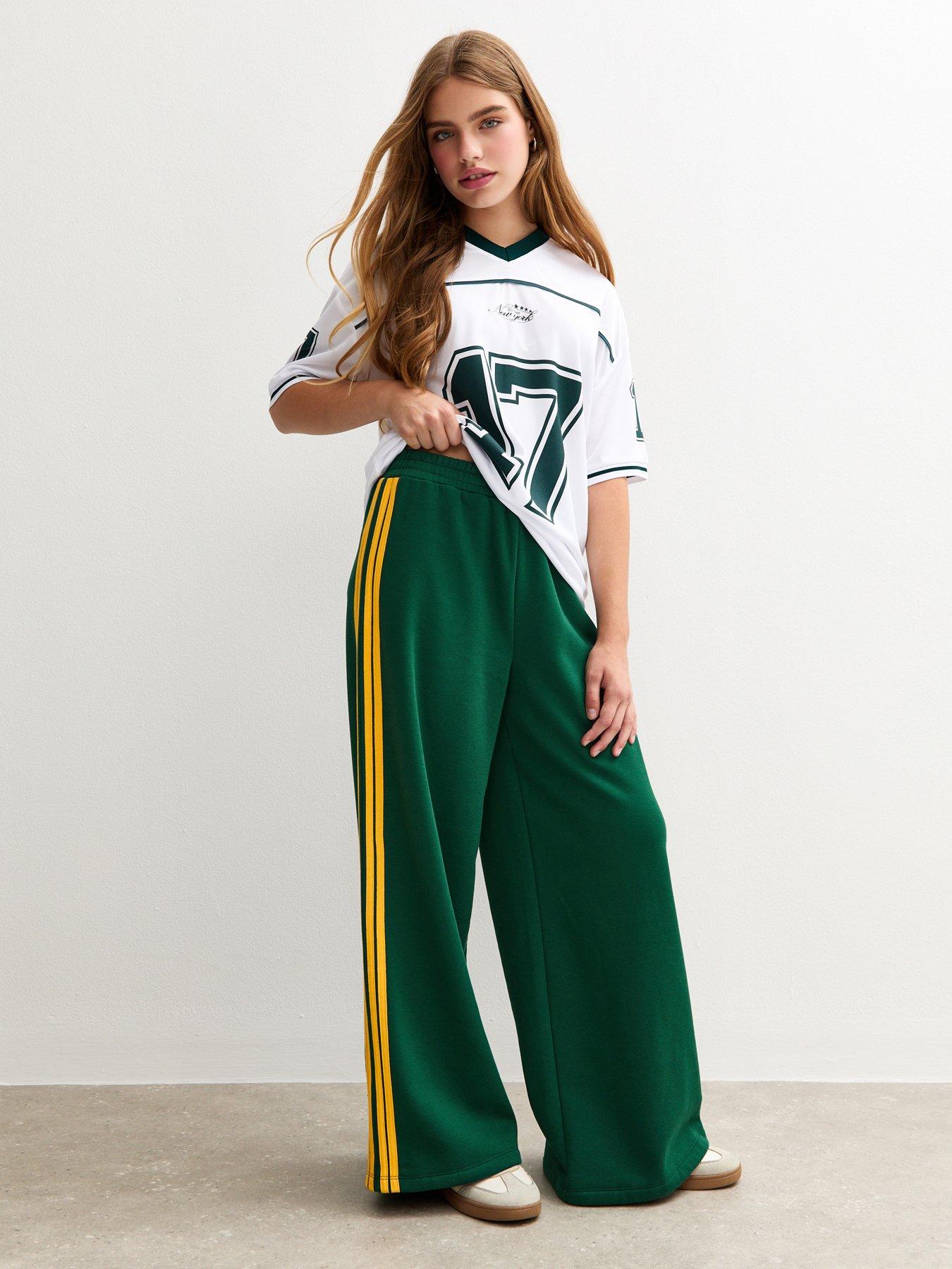 New Look 915 Girls Side Stripe Super Wide Leg Joggers - Dark Green