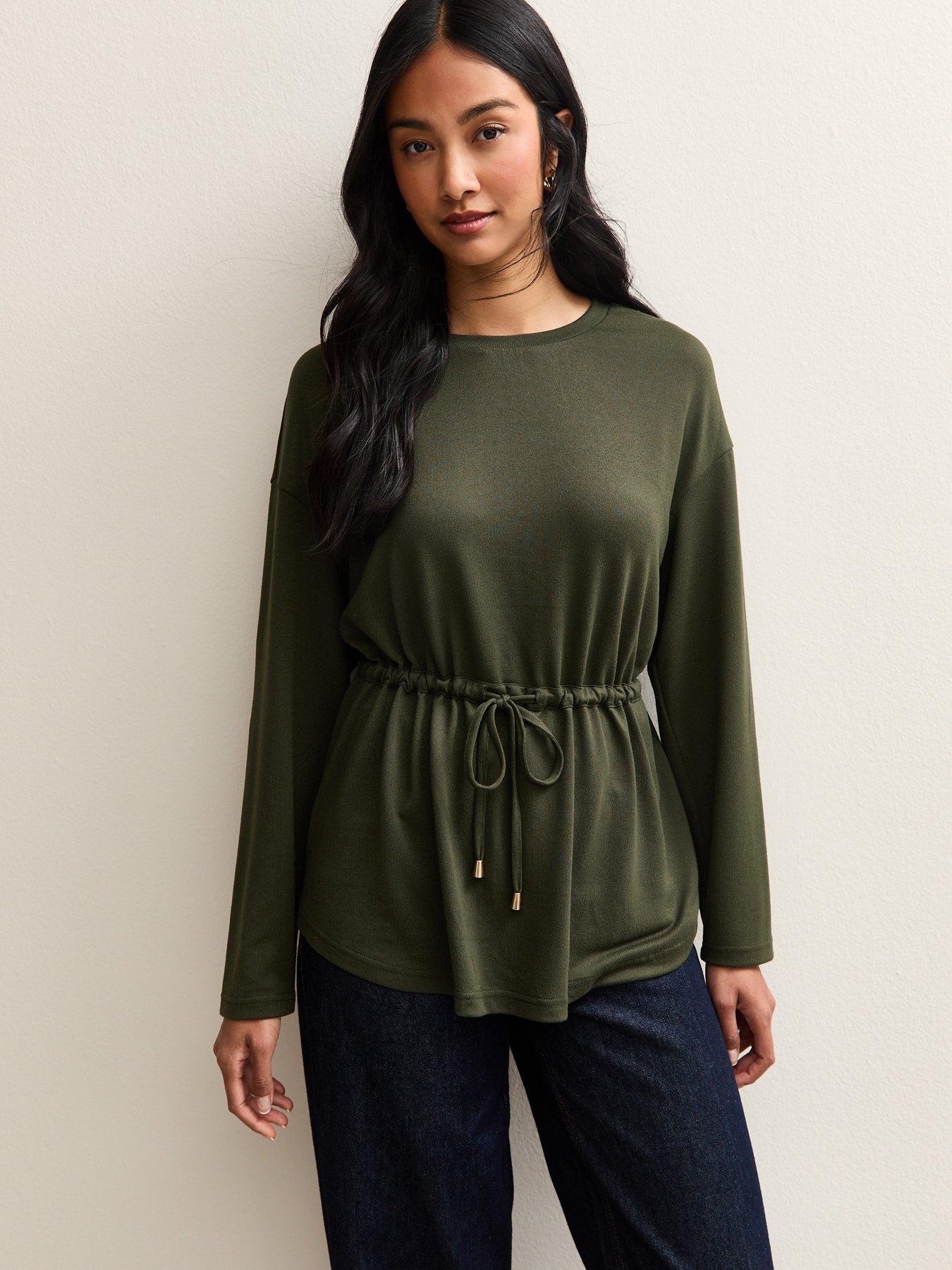 New Look Dark Khaki Soft Touch Tie Waist Top
