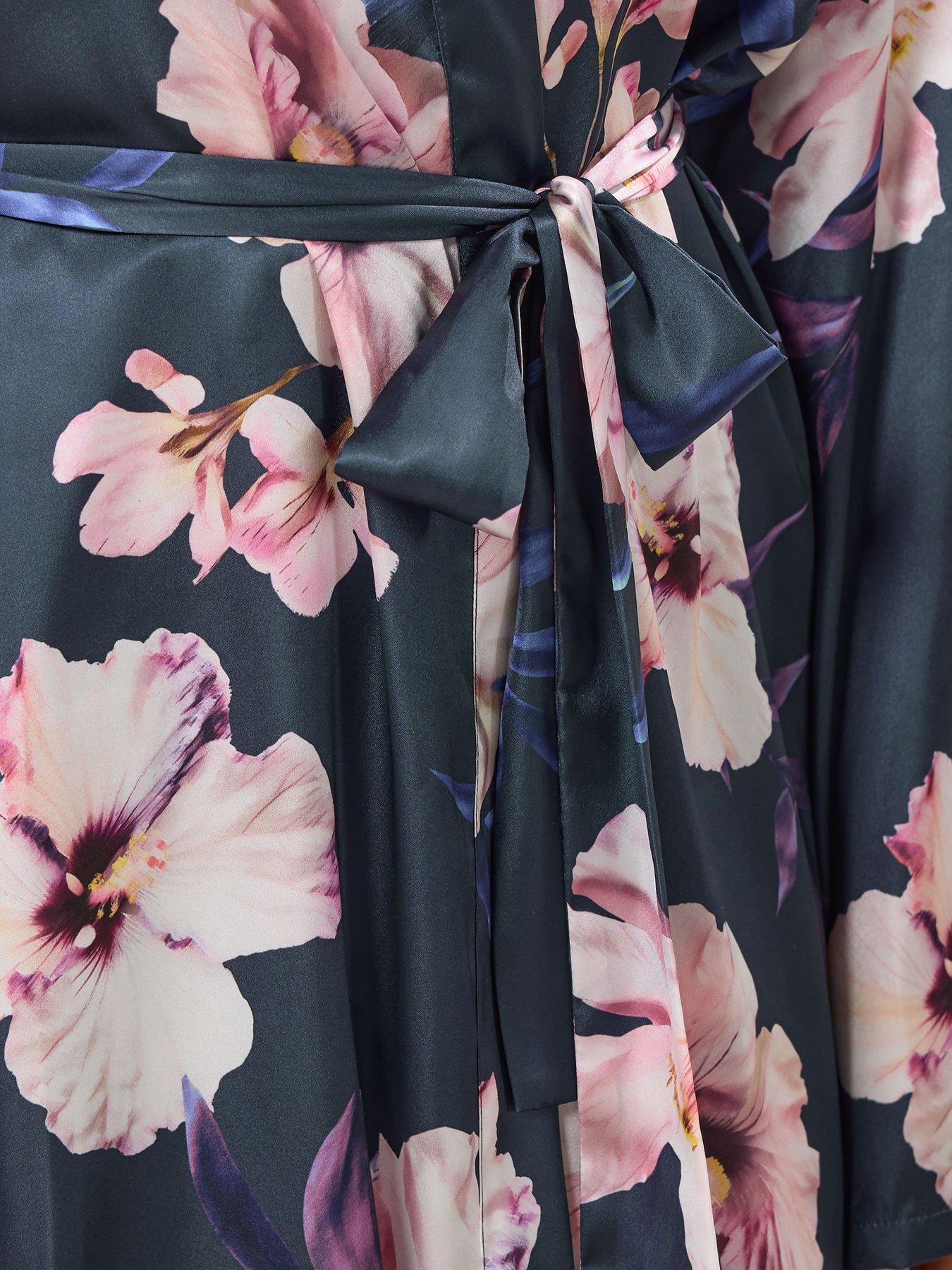 Image 4 of 4 of Long Tall Sally Oversize Floral Maxi Satin Robe - Grey